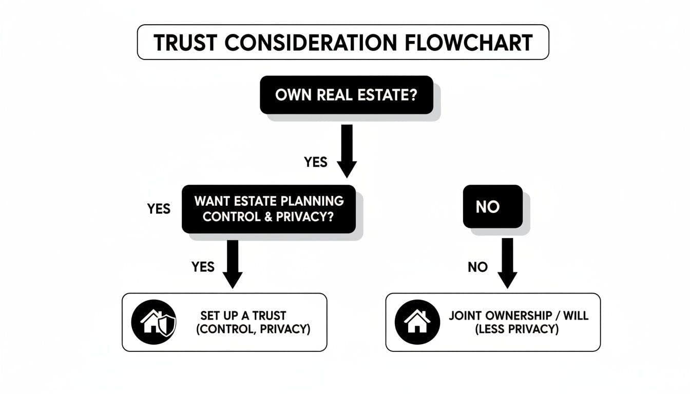 Flowchart visually explains trust considerations for real estate, emphasizing estate planning control and privacy.