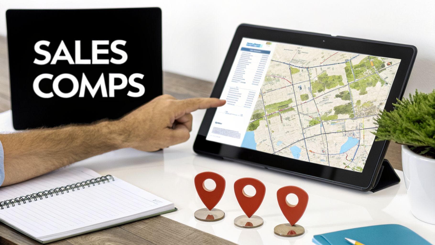 A hand points at a tablet displaying real estate sales comparables and a map, with location pins and a 'SALES COMPS' sign.