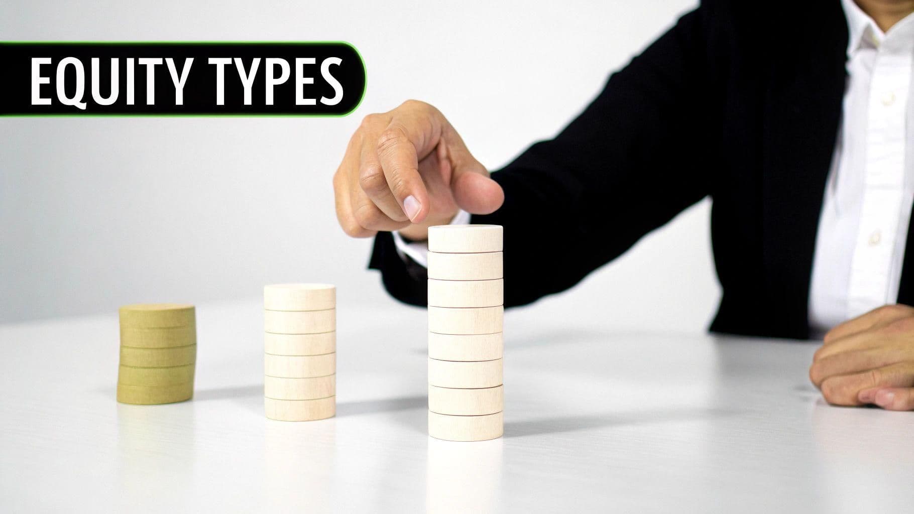 A person pointing at three stacks of wooden blocks on a table with 'EQUITY TYPES' text.