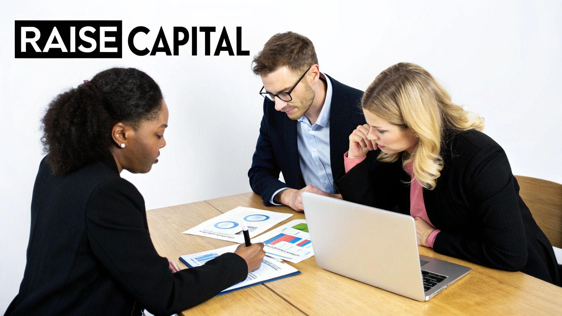 Three business people are discussing financial documents and a laptop at a table, with 'RAISE CAPITAL' text.