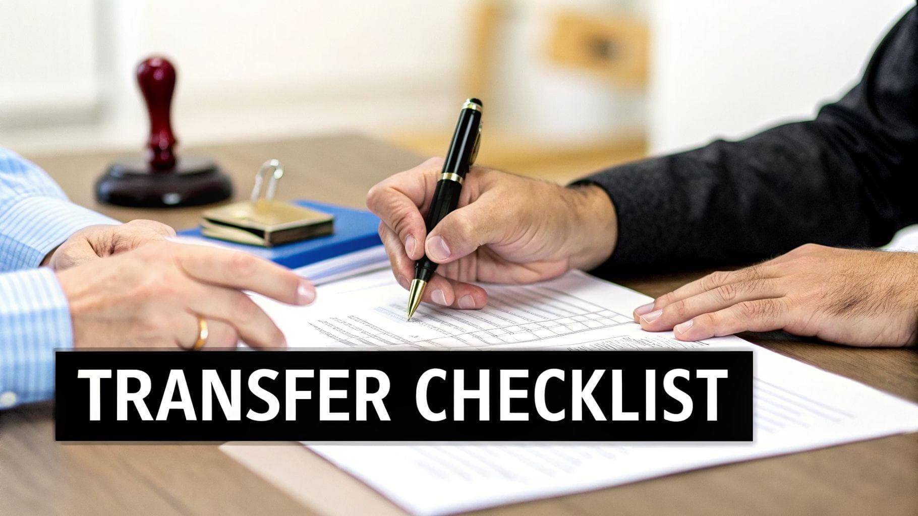 Hands signing official documents on a desk with a 'TRANSFER CHECKLIST' banner, implying a legal process.