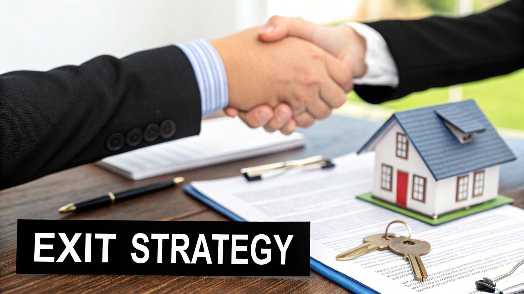 A professional handshake sealing a deal in a modern office setting, representing a partnership agreement.