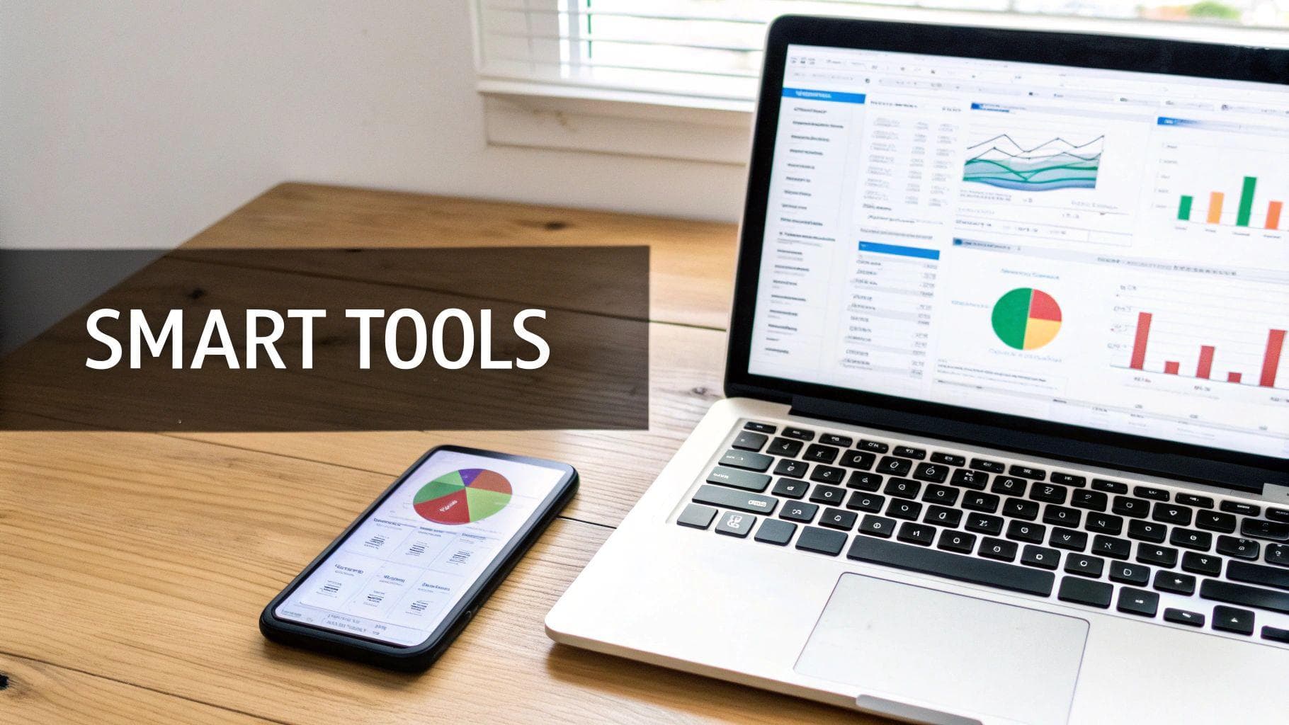 Laptop and smartphone on a wooden desk displaying data visualizations and charts, with 'SMART TOOLS' overlay.
