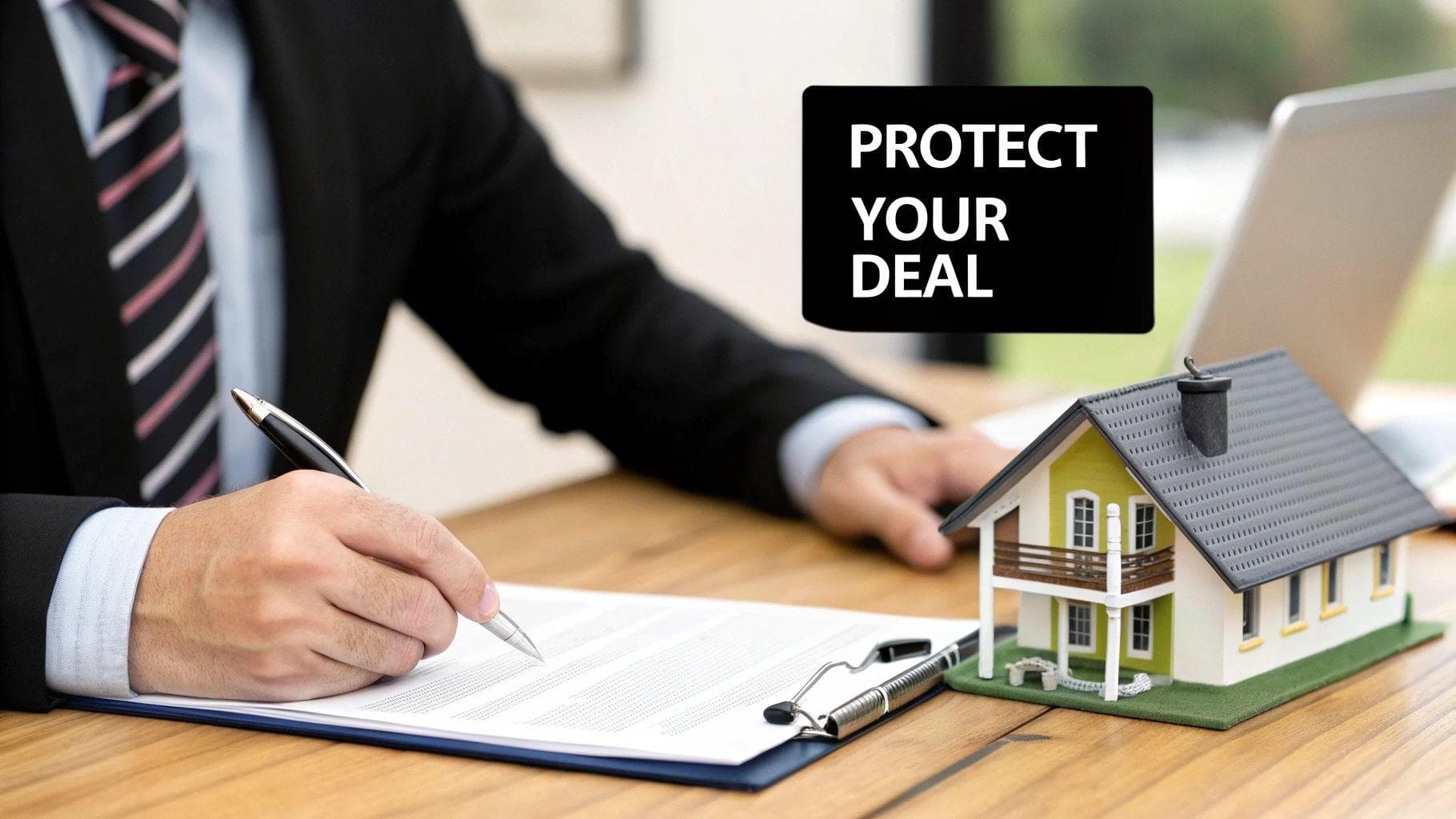Businessman signing a home purchase agreement, with a house model and 'PROTECT YOUR DEAL' text.