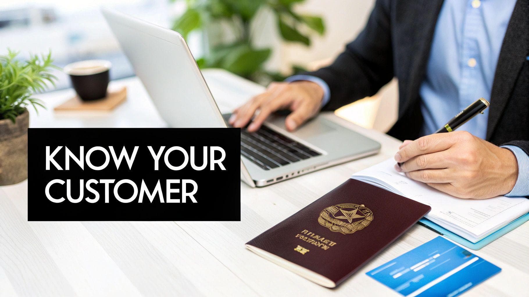 A man at a desk with a laptop, writing, with a passport and credit cards, alongside 'KNOW YOUR CUSTOMER' text.