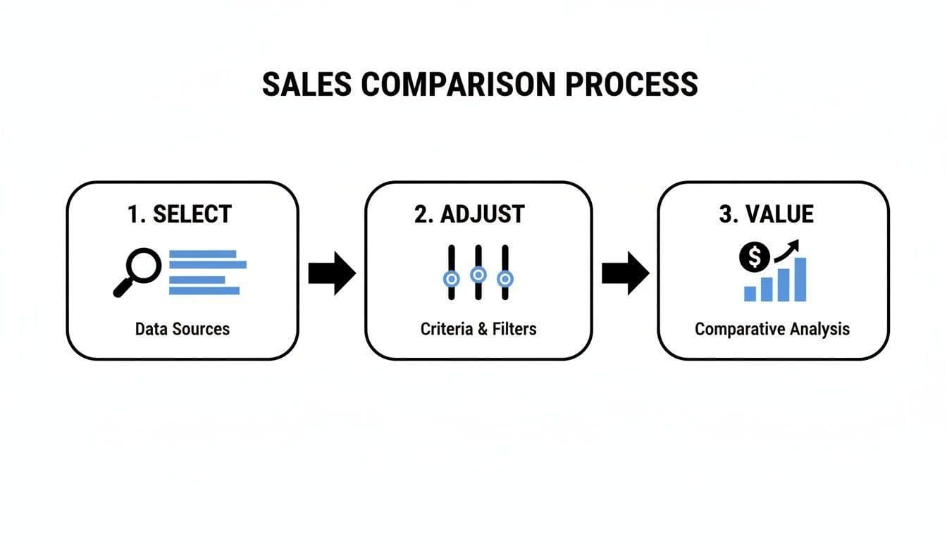 Flowchart illustrating the sales comparison process: 1. Select data sources, 2. Adjust criteria and filters, 3. Value comparative analysis.