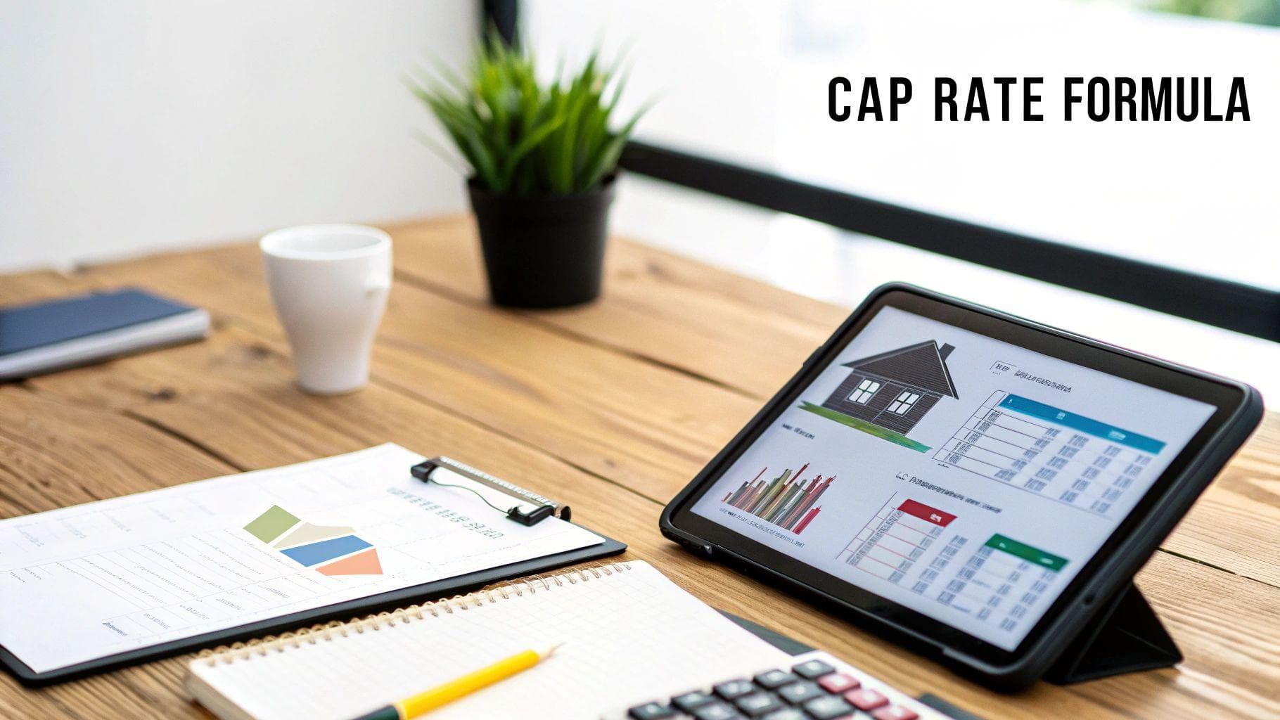 A desk with a tablet displaying real estate cap rate data, charts, a notebook, and calculator.