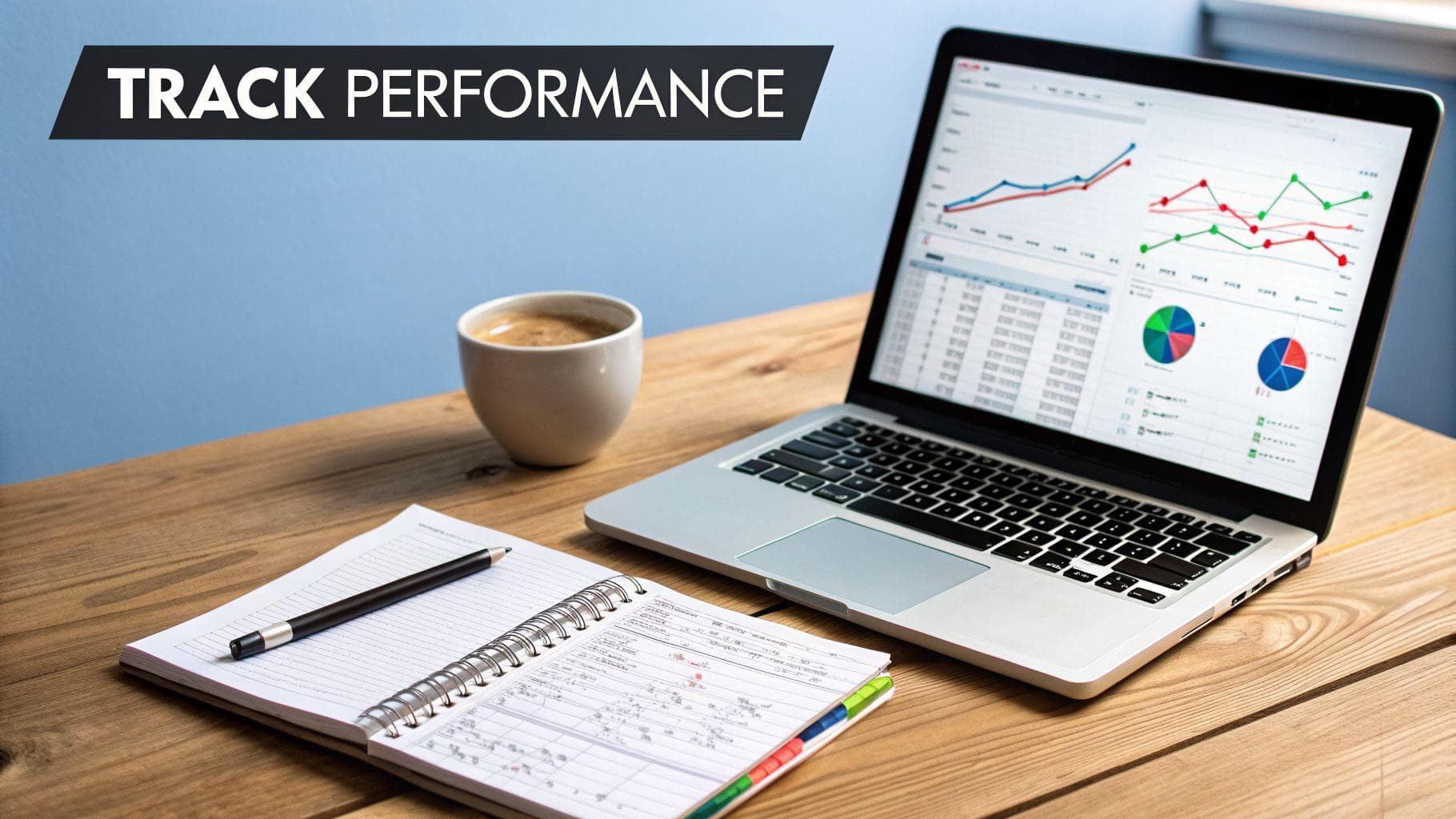 A laptop displays performance graphs and charts next to a coffee cup and notebook on a wooden desk.