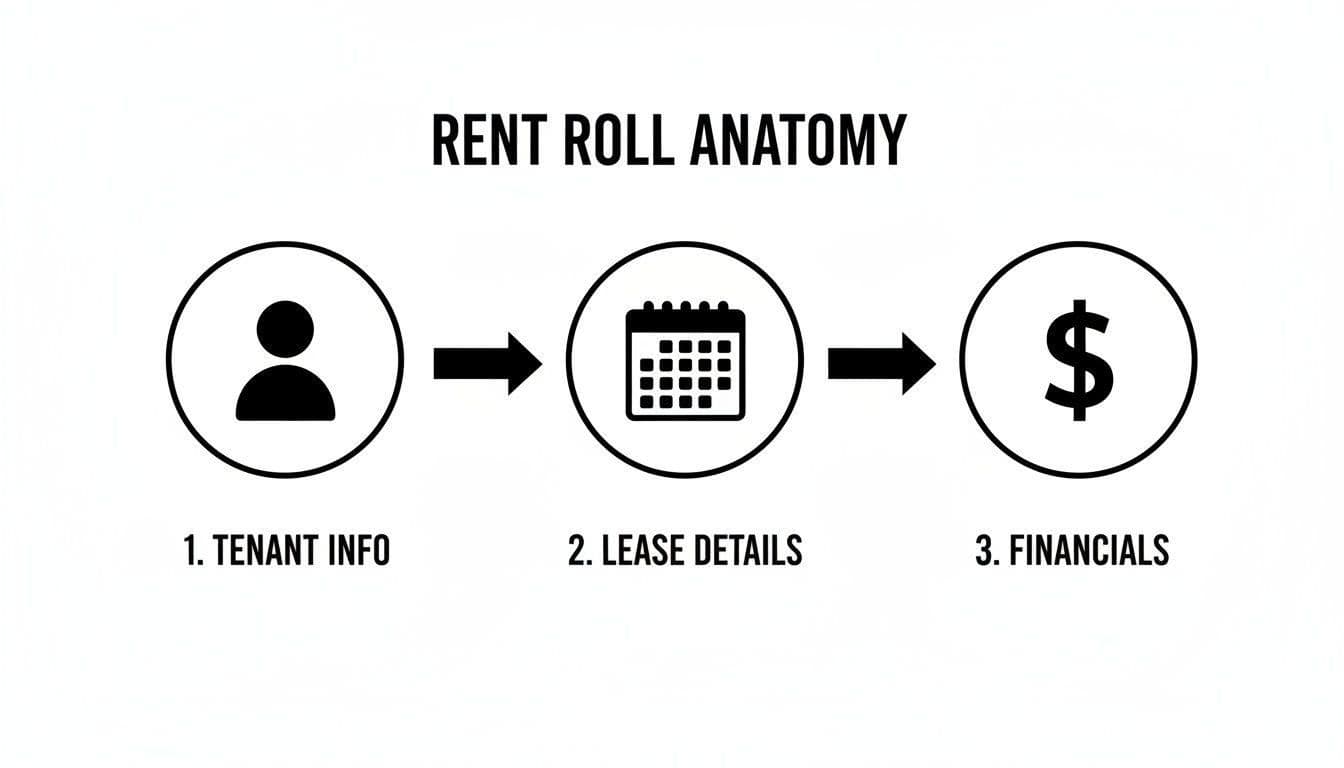 A diagram illustrating the anatomy of a rent roll, including tenant info, lease details, and financials.