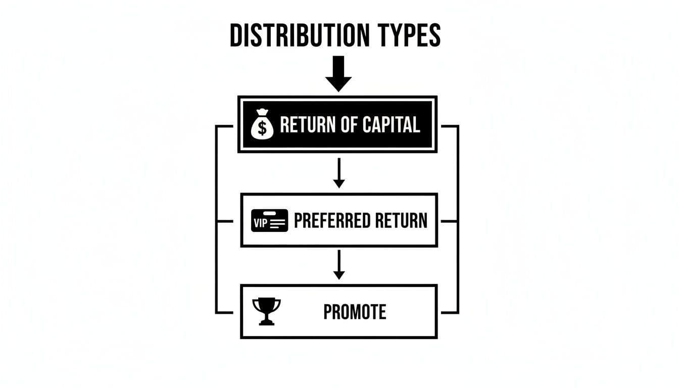 Flowchart showing distribution types: return of capital, preferred return, and promote, with icons.