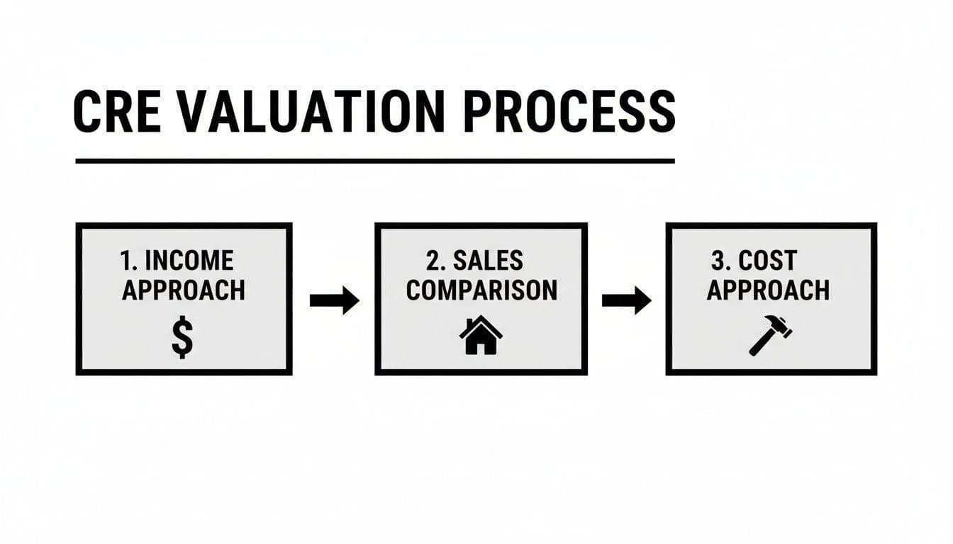 Infographic outlining the CRE valuation process: Income, Sales Comparison, and Cost Approaches.