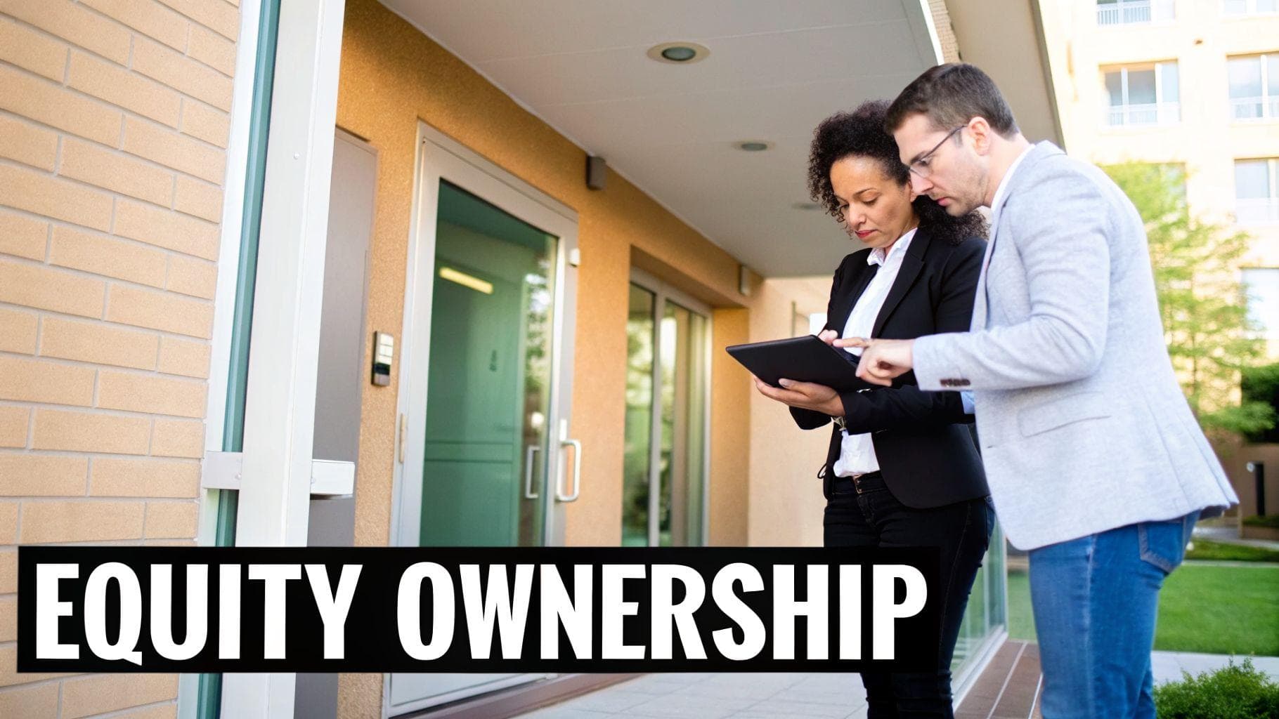 Two professionals, a man and a woman, reviewing information on a tablet outside a modern building.