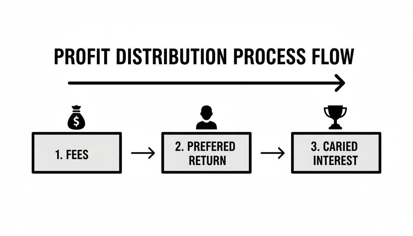 A flow diagram illustrating the profit distribution process with three sequential steps: Fees, Preferred Return, and Carried Interest.