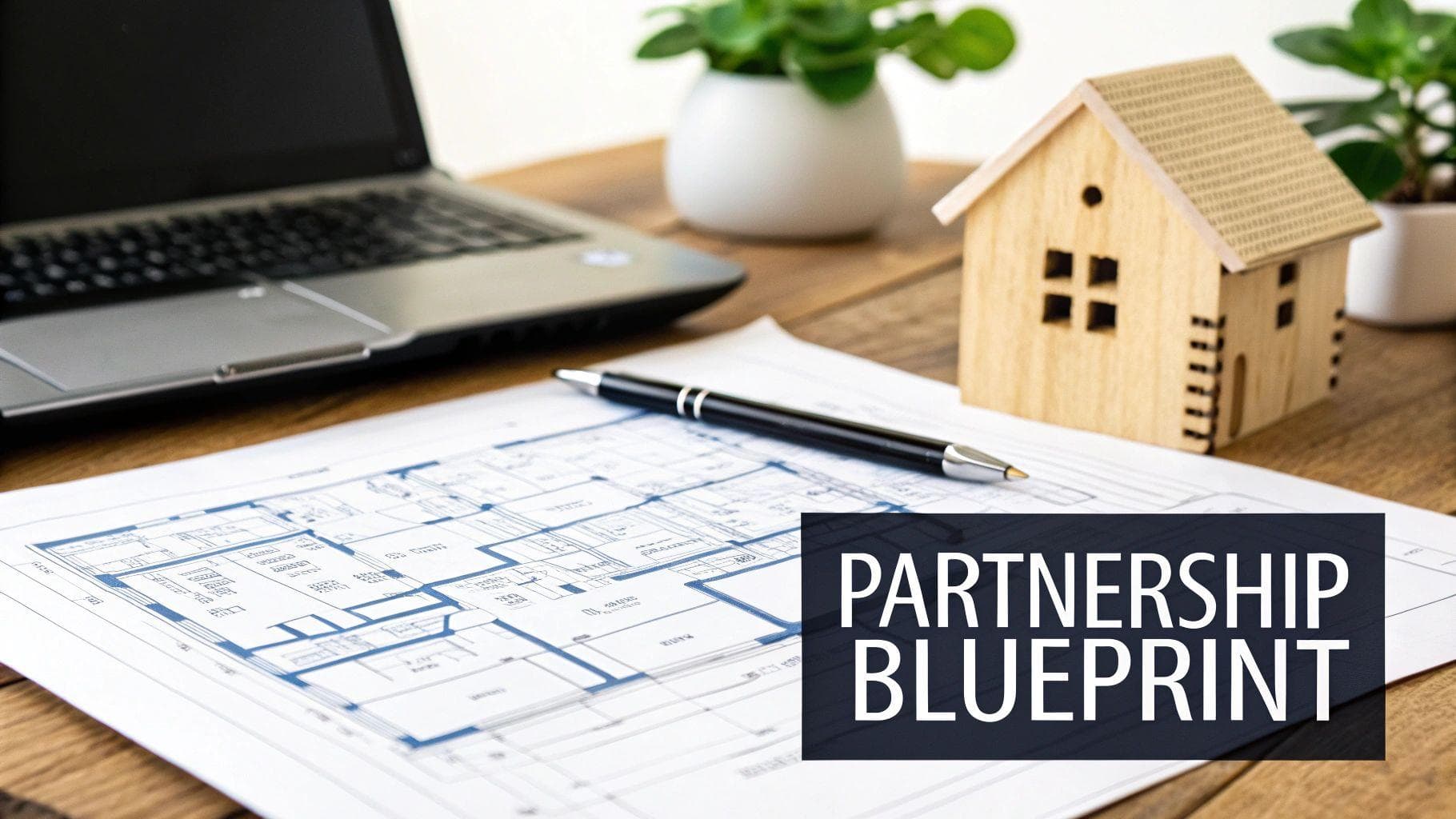 Architectural blueprint, pen, laptop, and miniature wooden house model on a desk, with 'PARTNERSHIP BLUEPRINT' text.