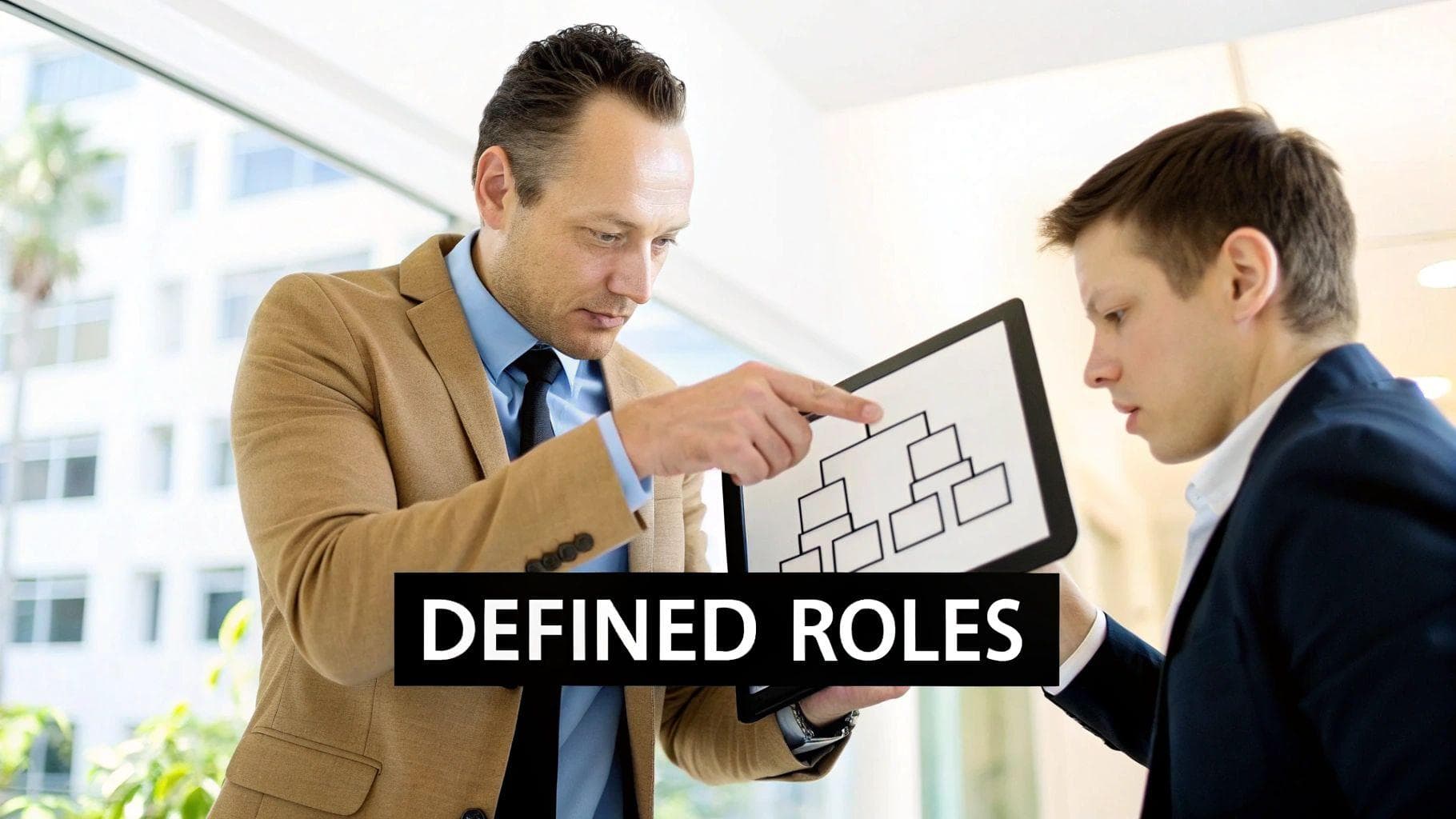 Two businessmen analyze an organizational chart on a tablet, discussing defined roles within a company.