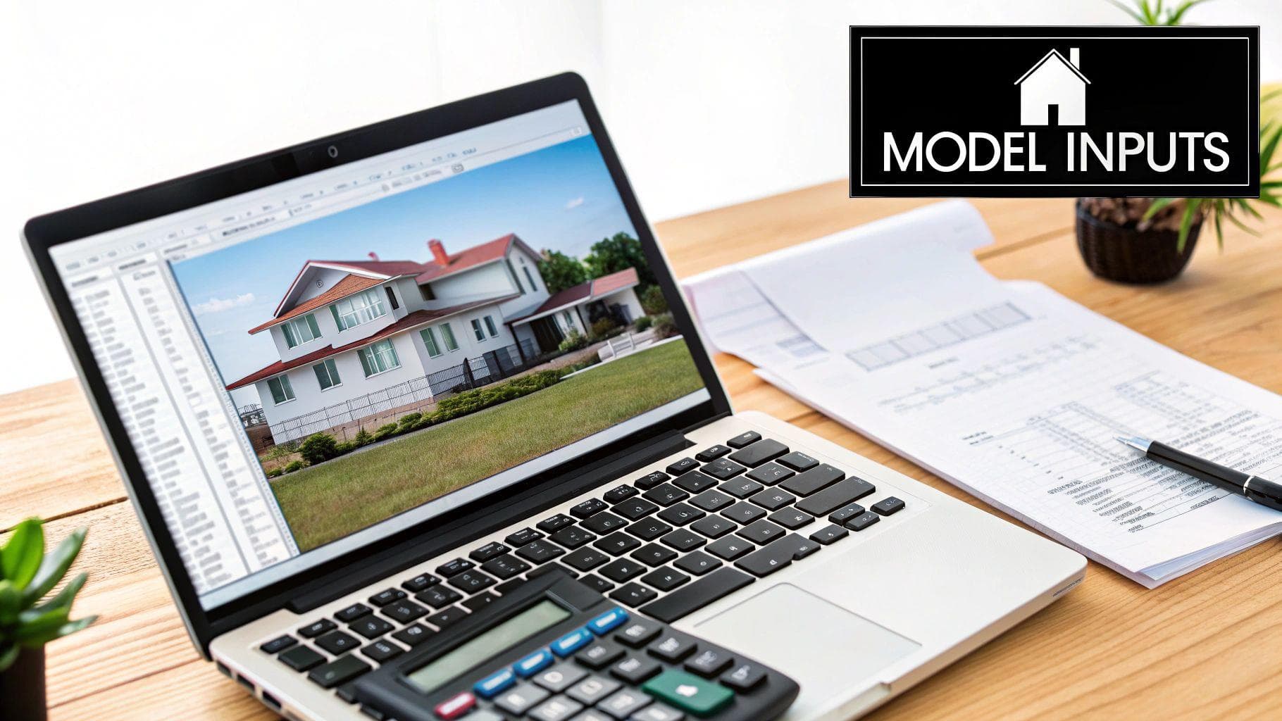 A laptop displaying a 3D house model with a calculator, documents, and a pen on a wooden desk, emphasizing financial modeling.