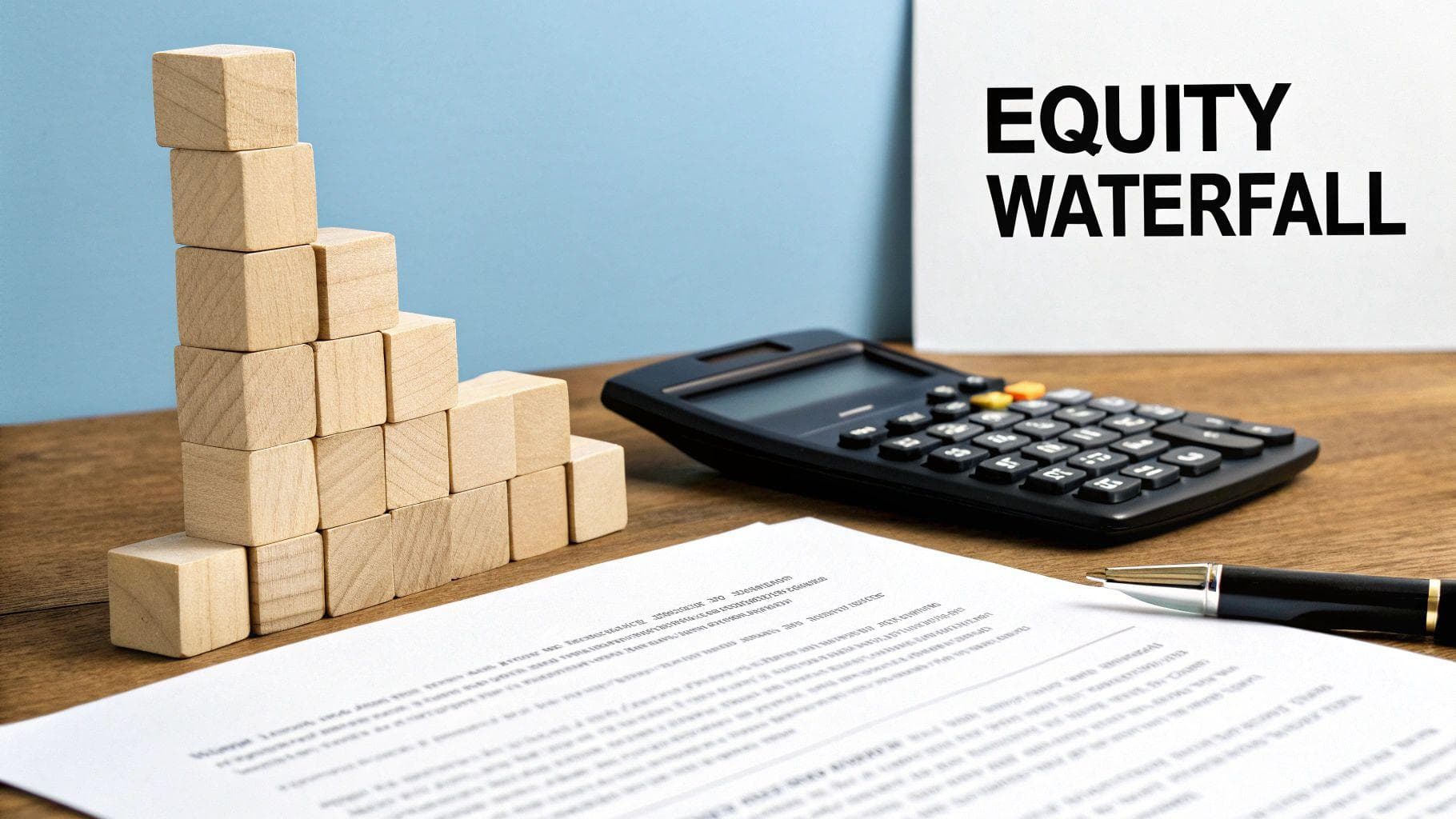 A white sign with 'EQUITY WATERFALL' text, wooden blocks, a calculator, and a document with a pen.