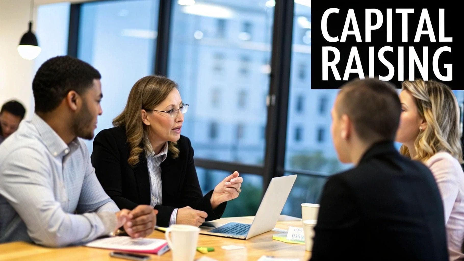 A person signing a contract on a wooden desk with a laptop and a plant in the background.