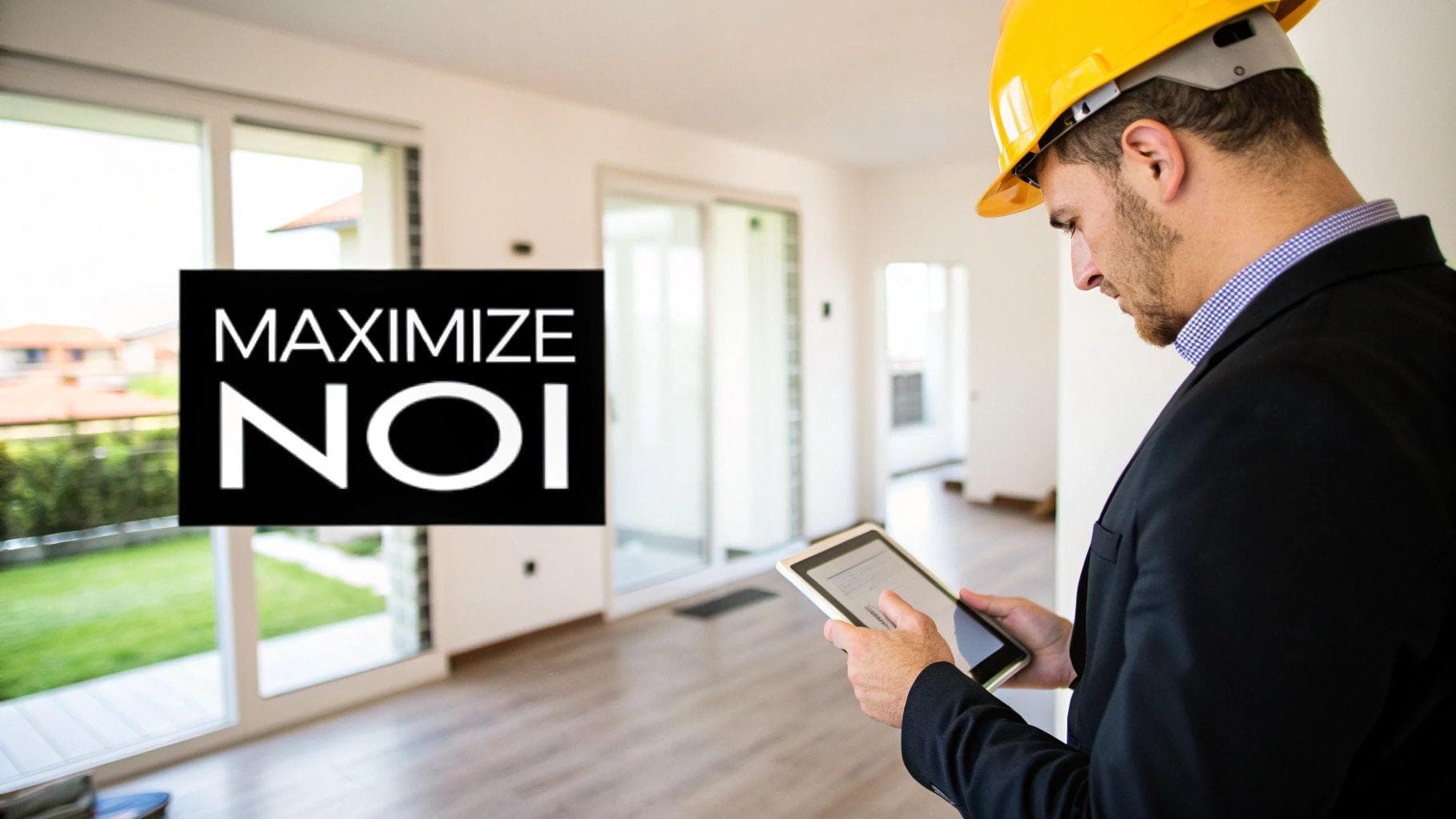 Manager reviewing apartment complex performance on a tablet.