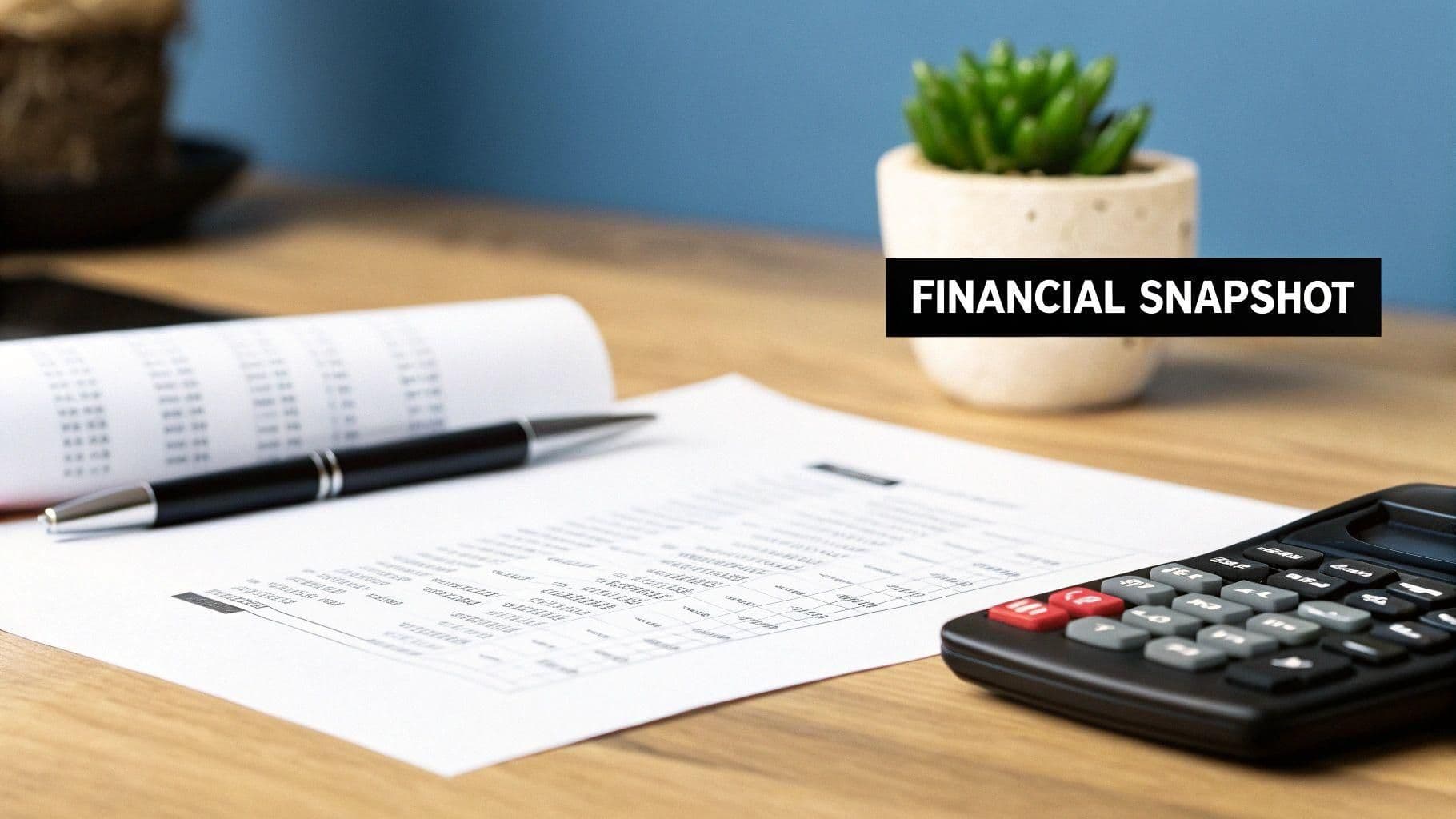 A desk with financial papers, a pen, a calculator, and a plant, with a 'FINANCIAL SNAPSHOT' overlay.