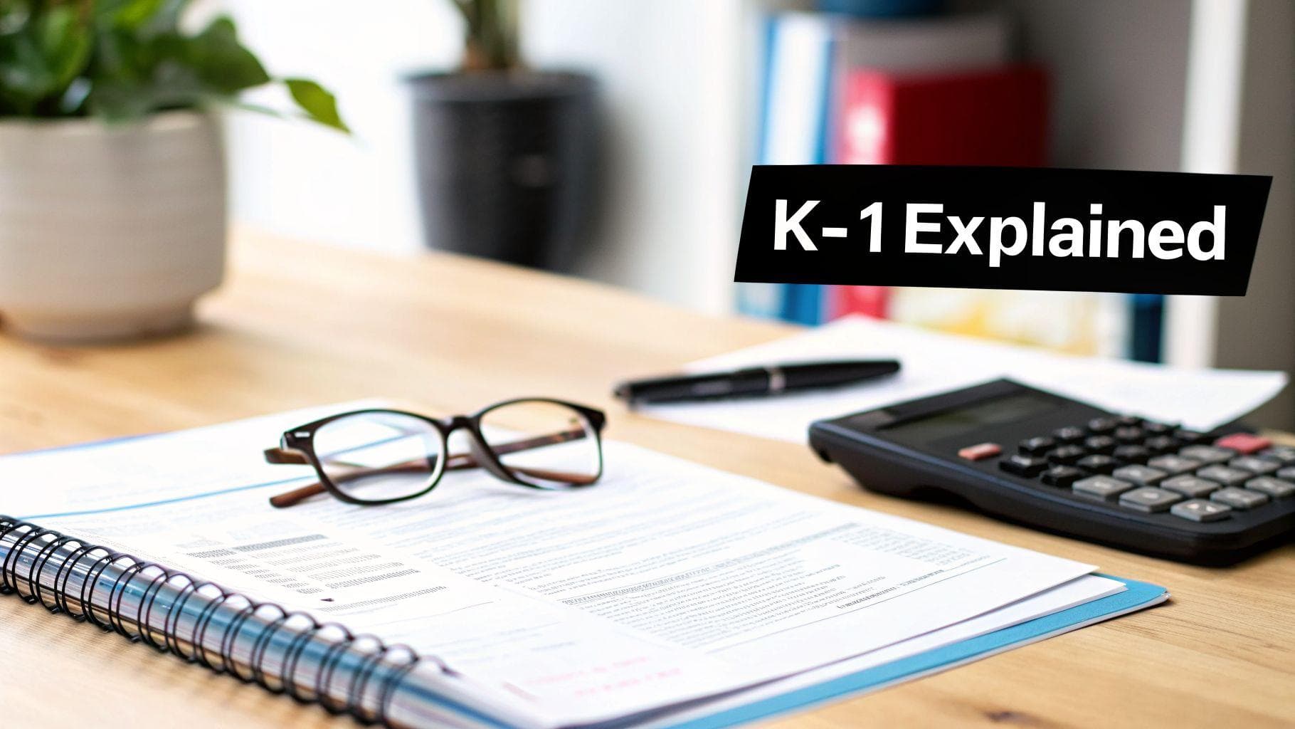 A desk setup with 'K-1 Explained' text overlay, calculator, glasses, and tax documents.