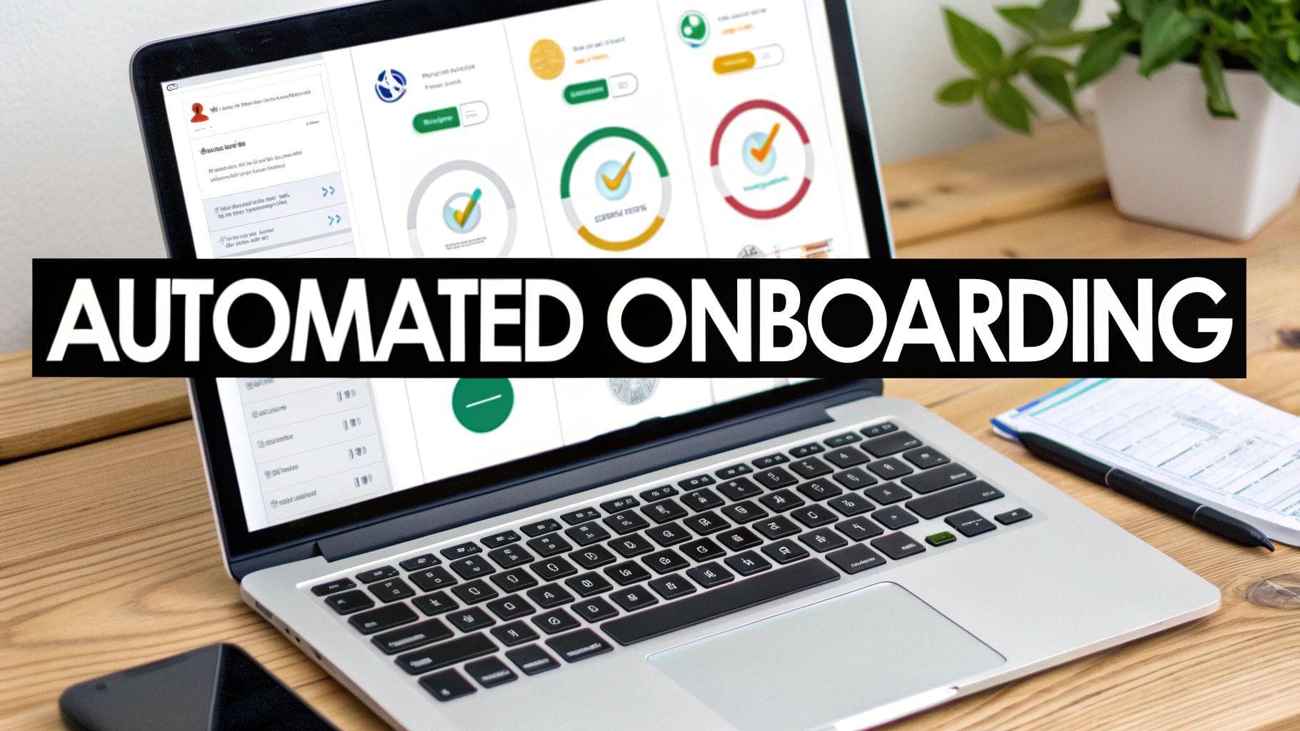 A laptop screen displays an automated onboarding dashboard with progress indicators and a user profile.