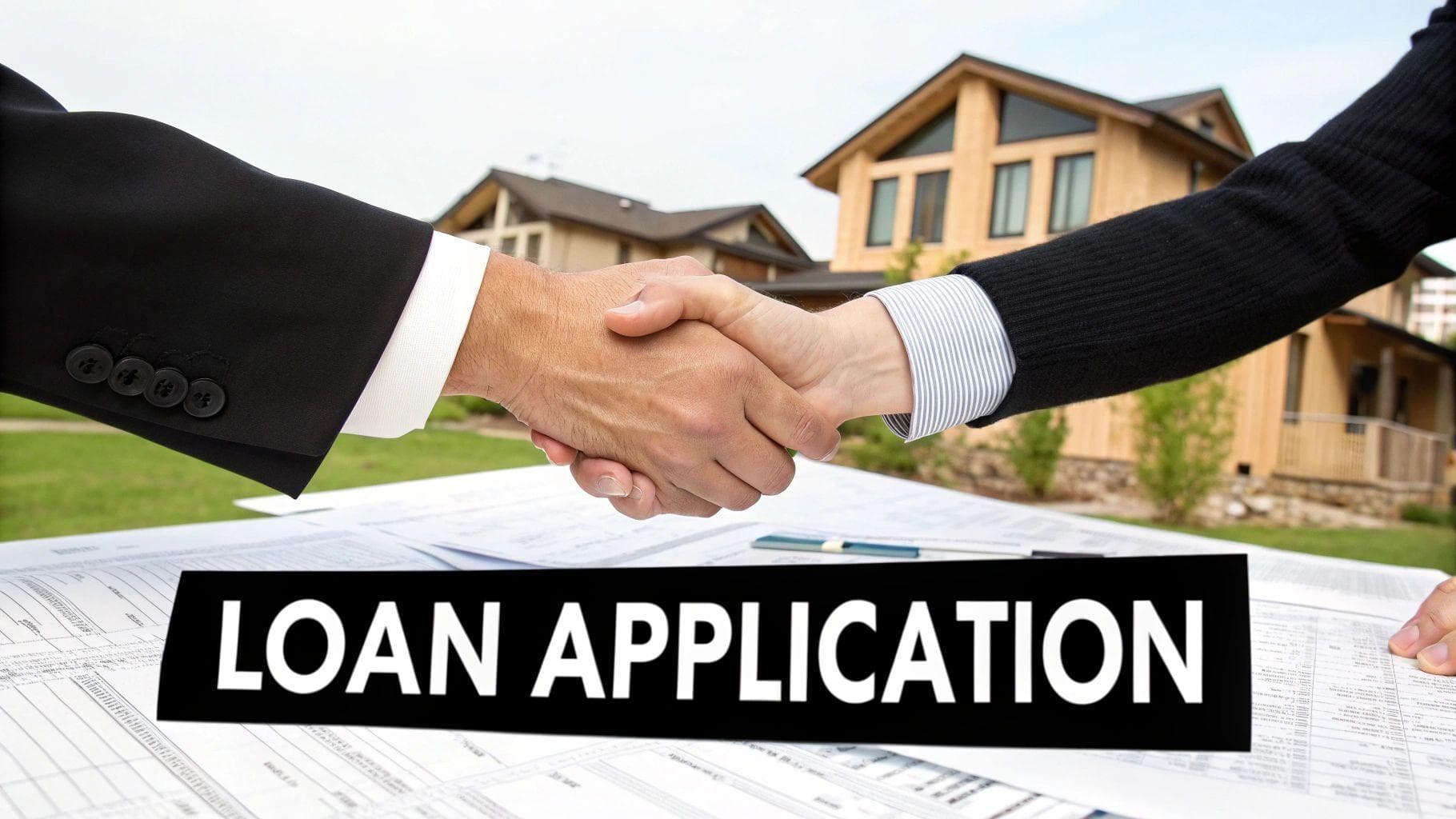 A lender and an investor shaking hands over a table with property documents.