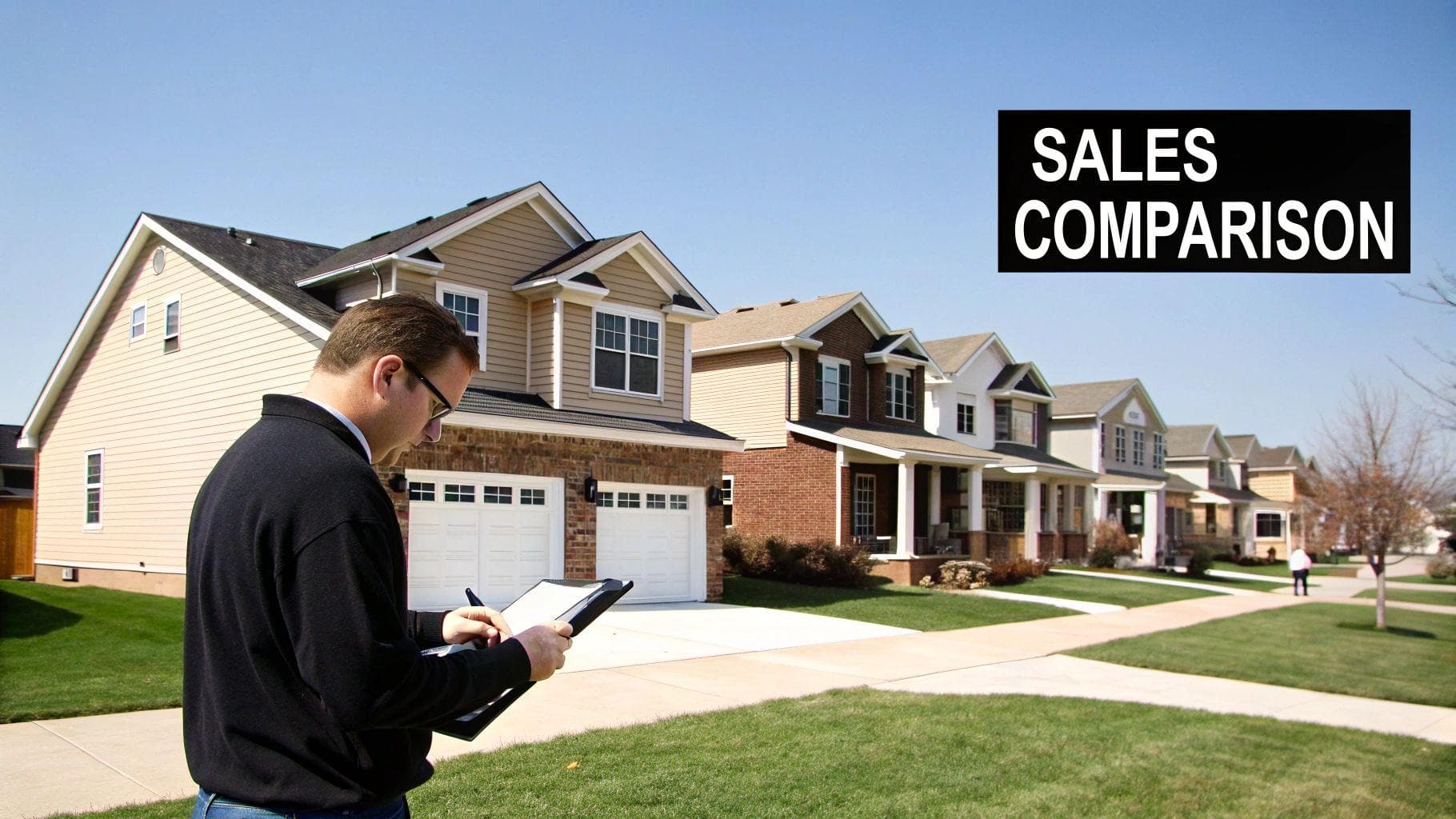 Three modern houses in a row with manicured lawns, illustrating the concept of comparable properties.