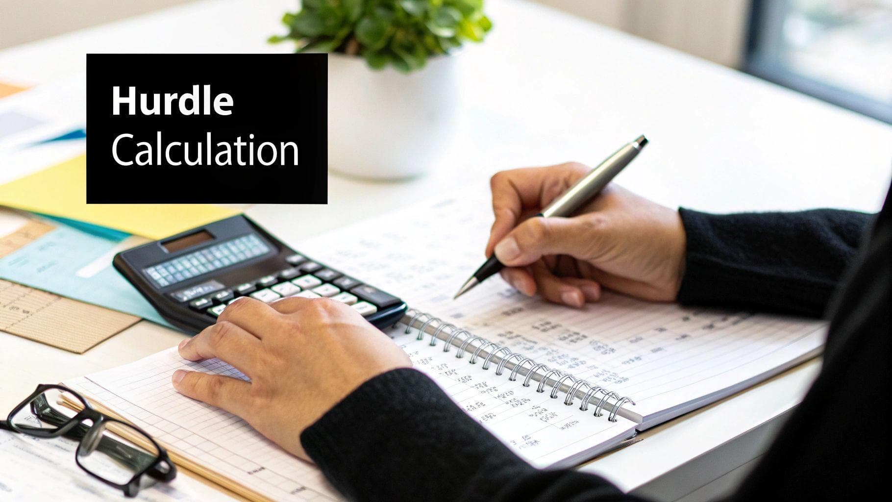 Calculator and blueprints on a table, illustrating a real estate deal calculation.