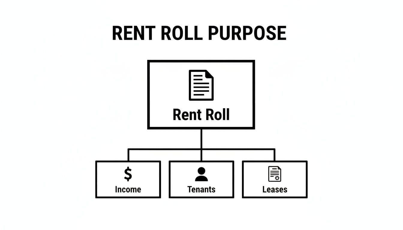 Diagram illustrating the purpose of a rent roll, detailing income, tenants, and leases.