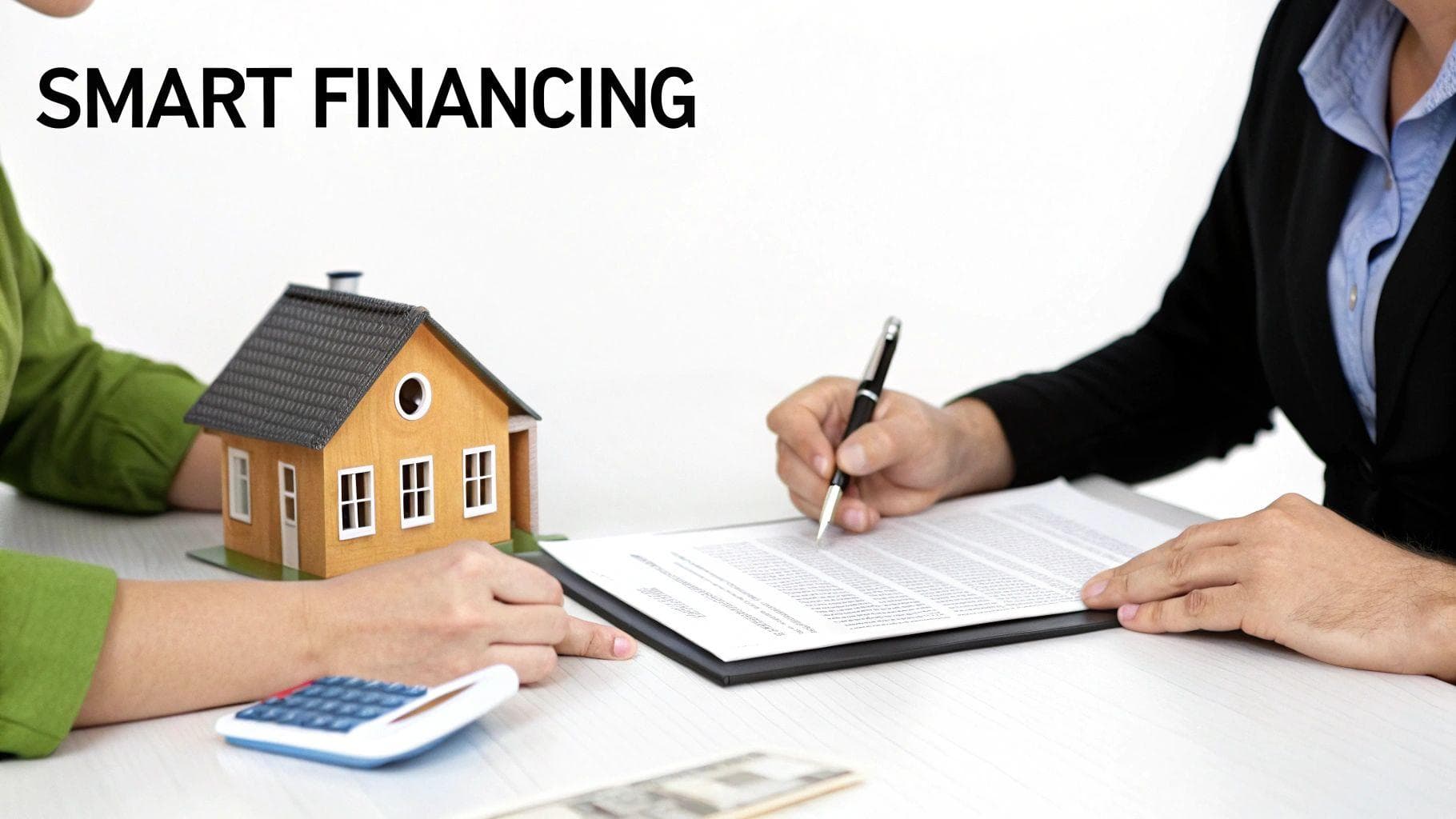 A person signing a house financing contract with a real estate agent, miniature house, calculator, and money.