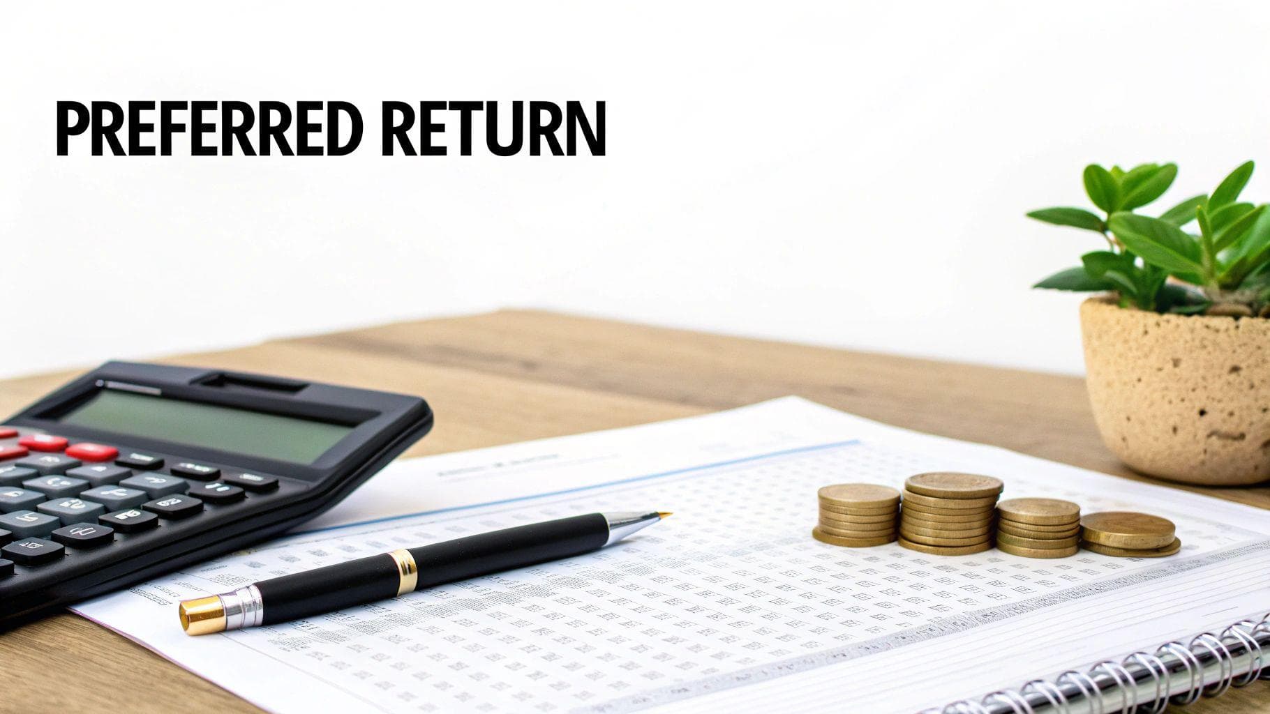 Calculator, pen, coins, and financial documents on desk illustrating preferred return investment calculations