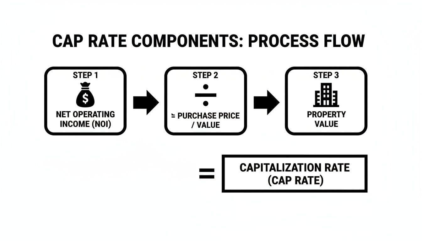 Diagram illustrating the Cap Rate calculation process, using Net Operating Income and Property Value.