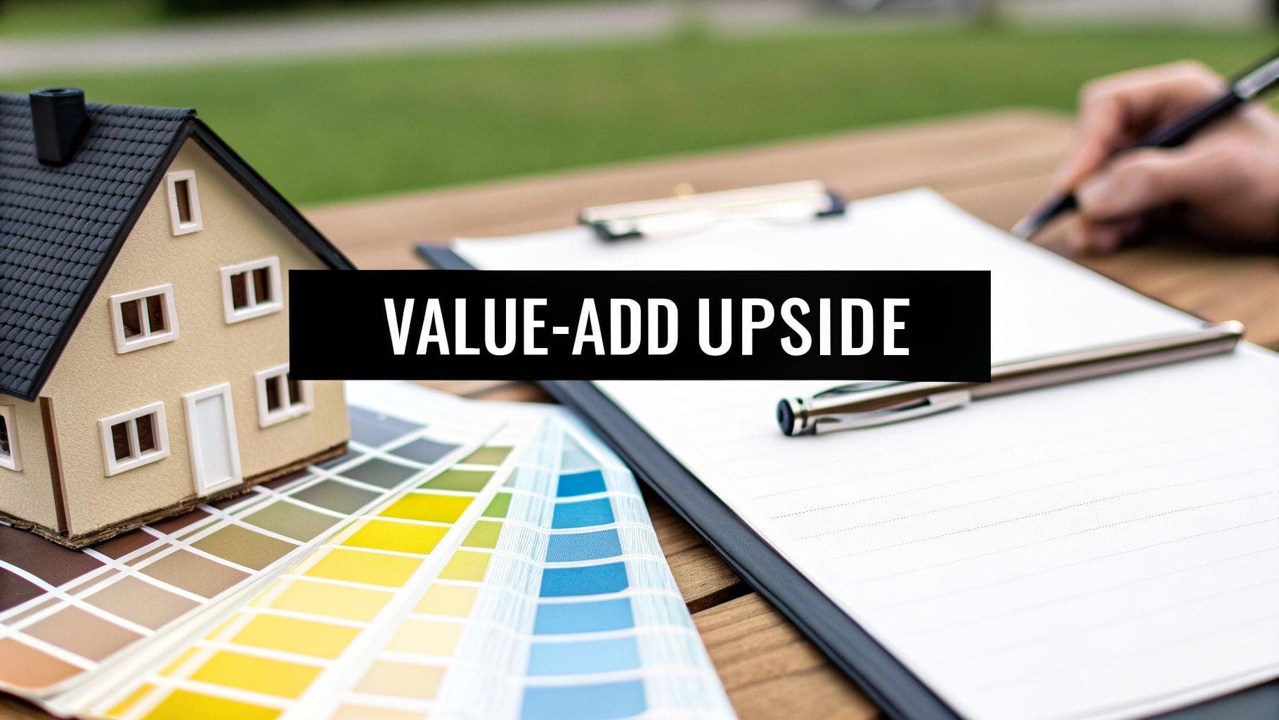 A hand signs documents next to a miniature house, color swatches, and 'VALUE-ADD UPSIDE' text.