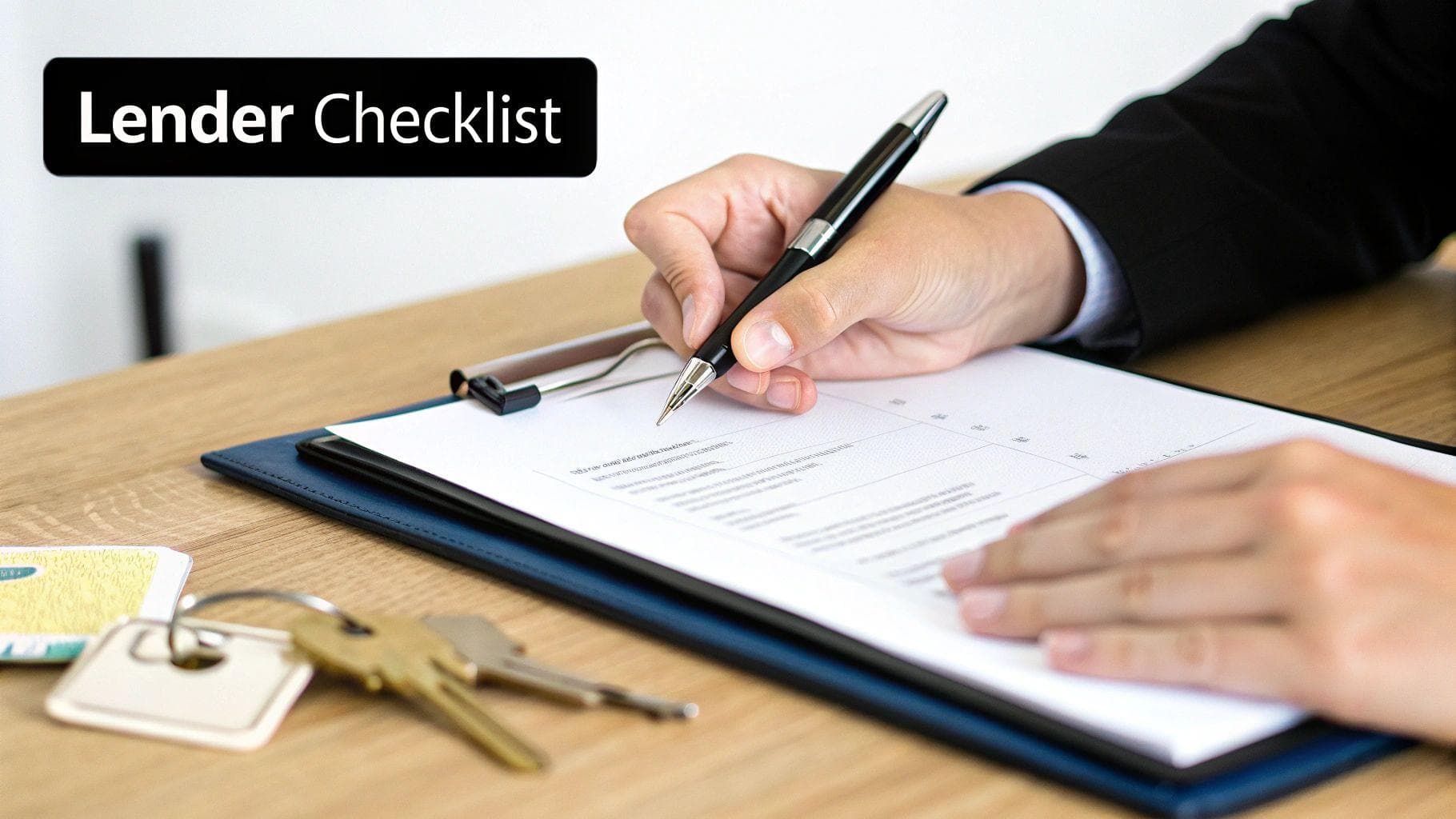 A person writing on a Lender Checklist document with a pen, keys on a wooden desk.