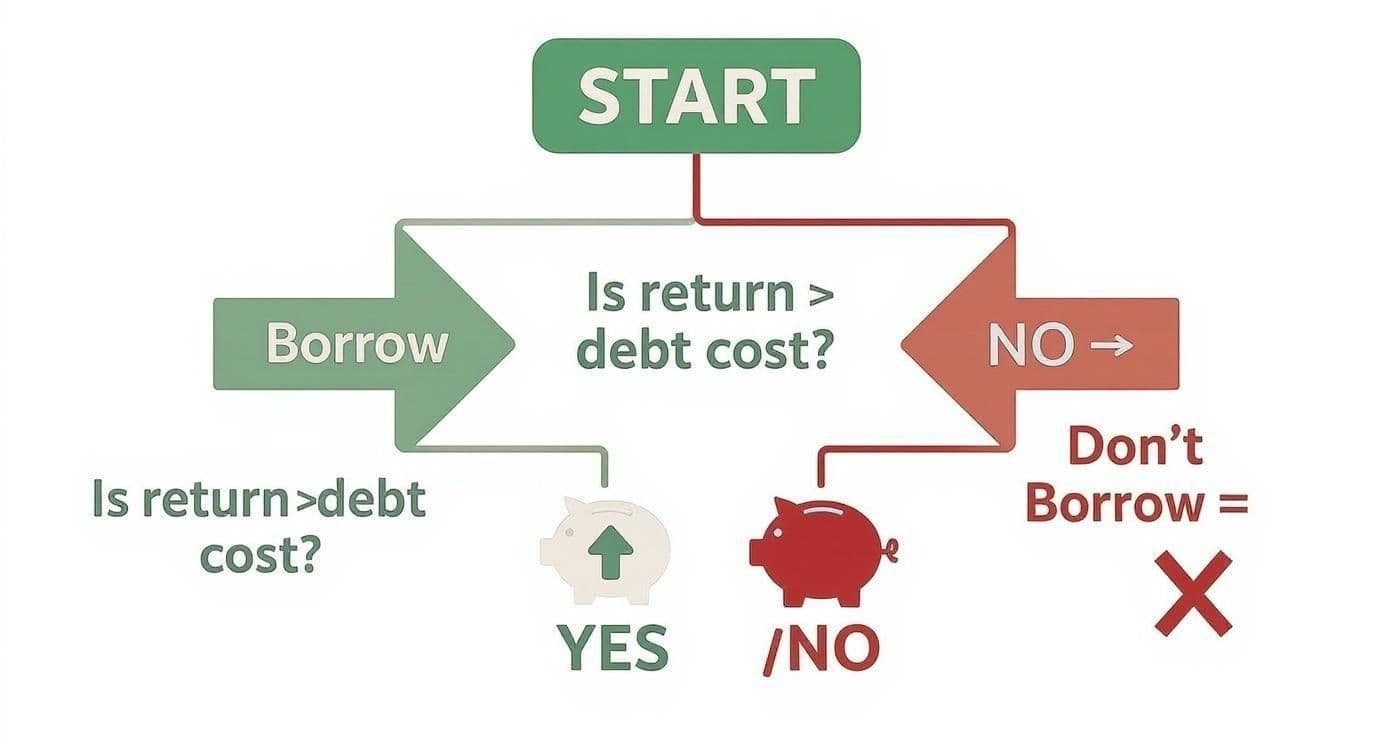 Flowchart on borrowing decisions: borrow if return exceeds debt cost, otherwise don't borrow.