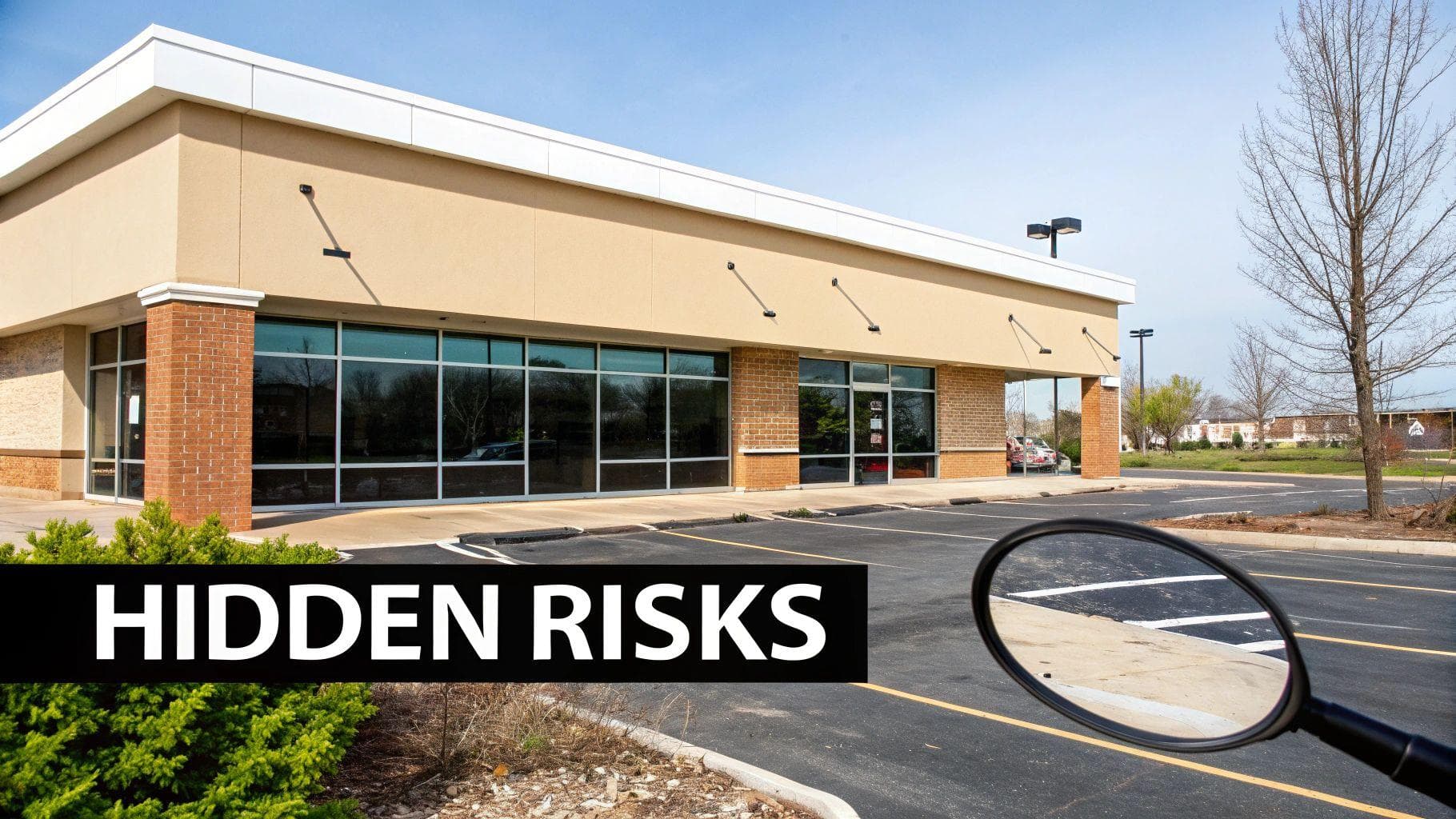 An empty commercial building with a large parking lot, illustrating 'HIDDEN RISKS' in a real estate context.