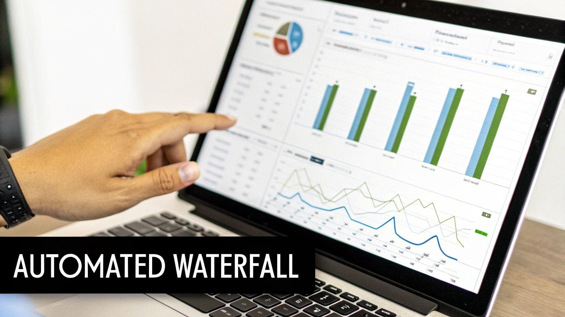 A hand interacting with a laptop displaying various data analytics charts, including bar graphs and line charts.