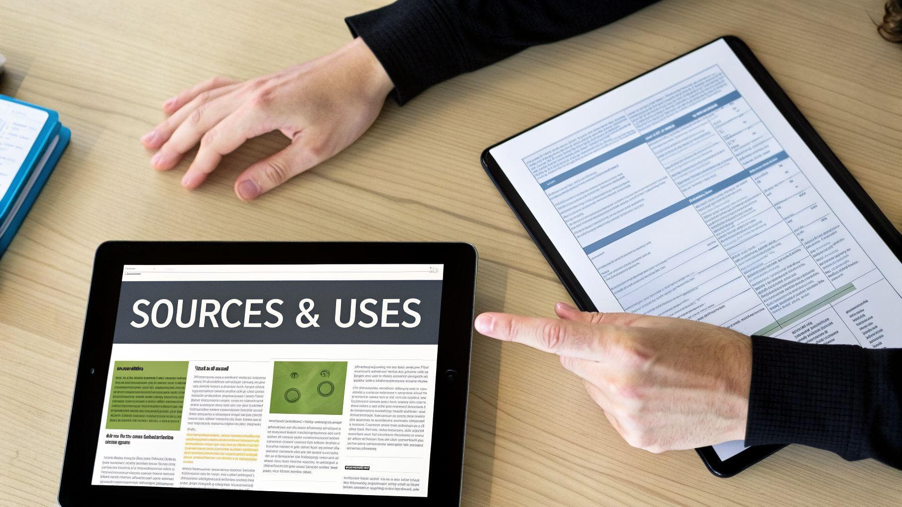 A person's hands on a wooden desk with a tablet showing 'SOURCES & USES' and a document.