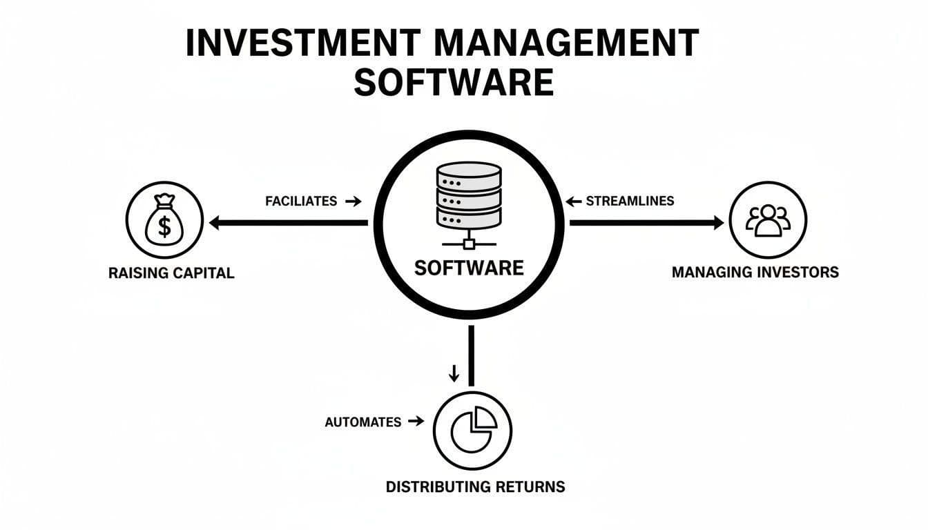 A diagram illustrating how investment management software facilitates raising capital, streamlines investor management, and automates distributing returns.