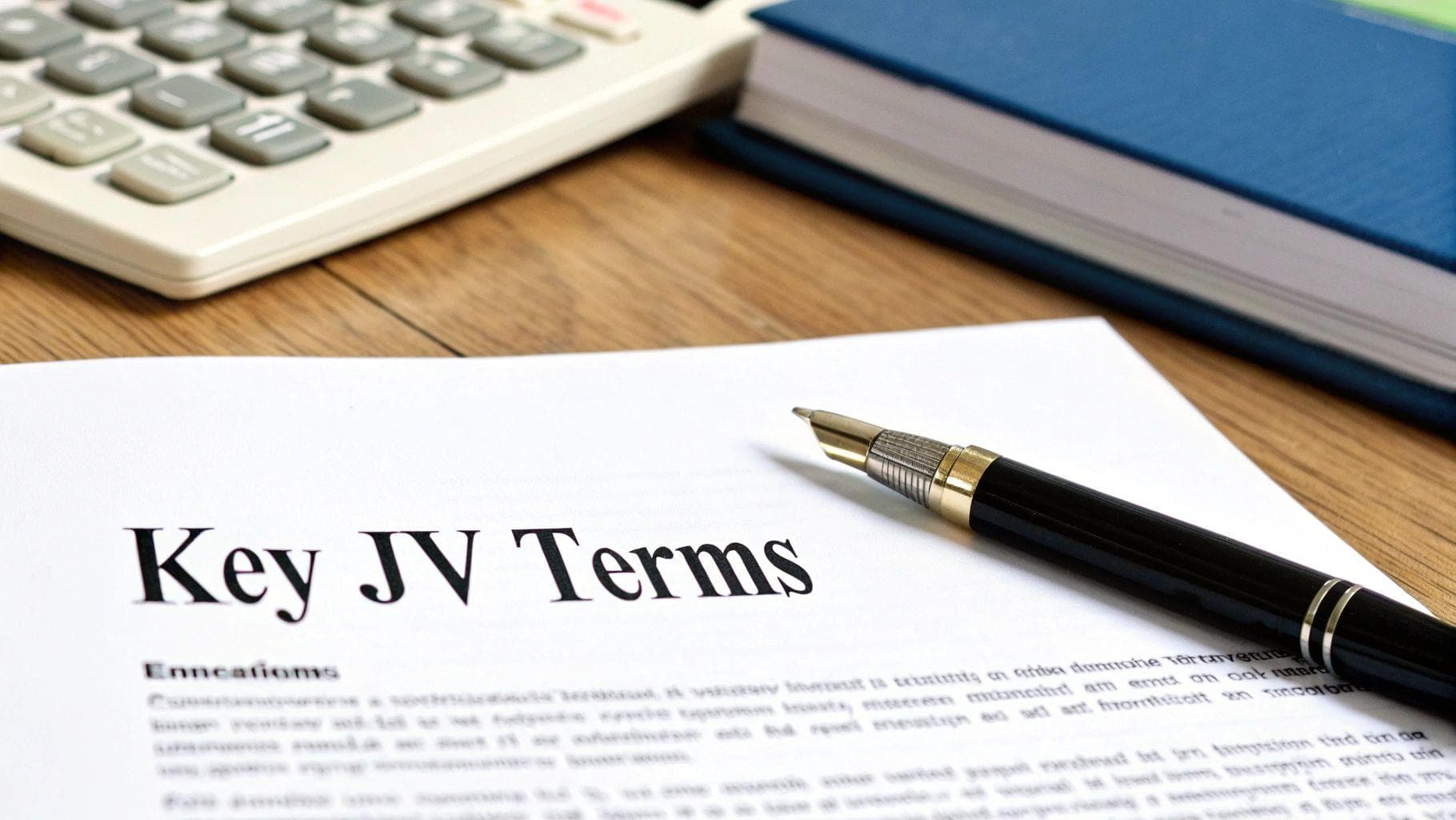 A person signing a joint venture agreement document on a wooden desk.