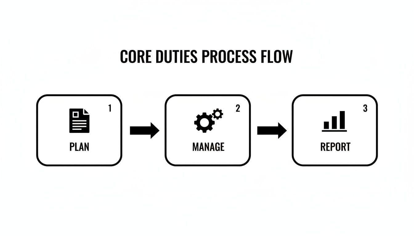 A three-step core duties process flow showing plan, manage, and report stages with icons.