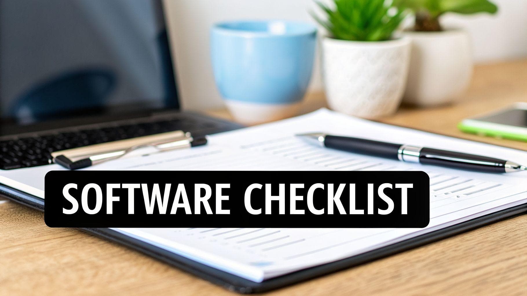 A desk with a laptop, documents, a pen, plants, and a 'SOFTWARE CHECKLIST' banner.