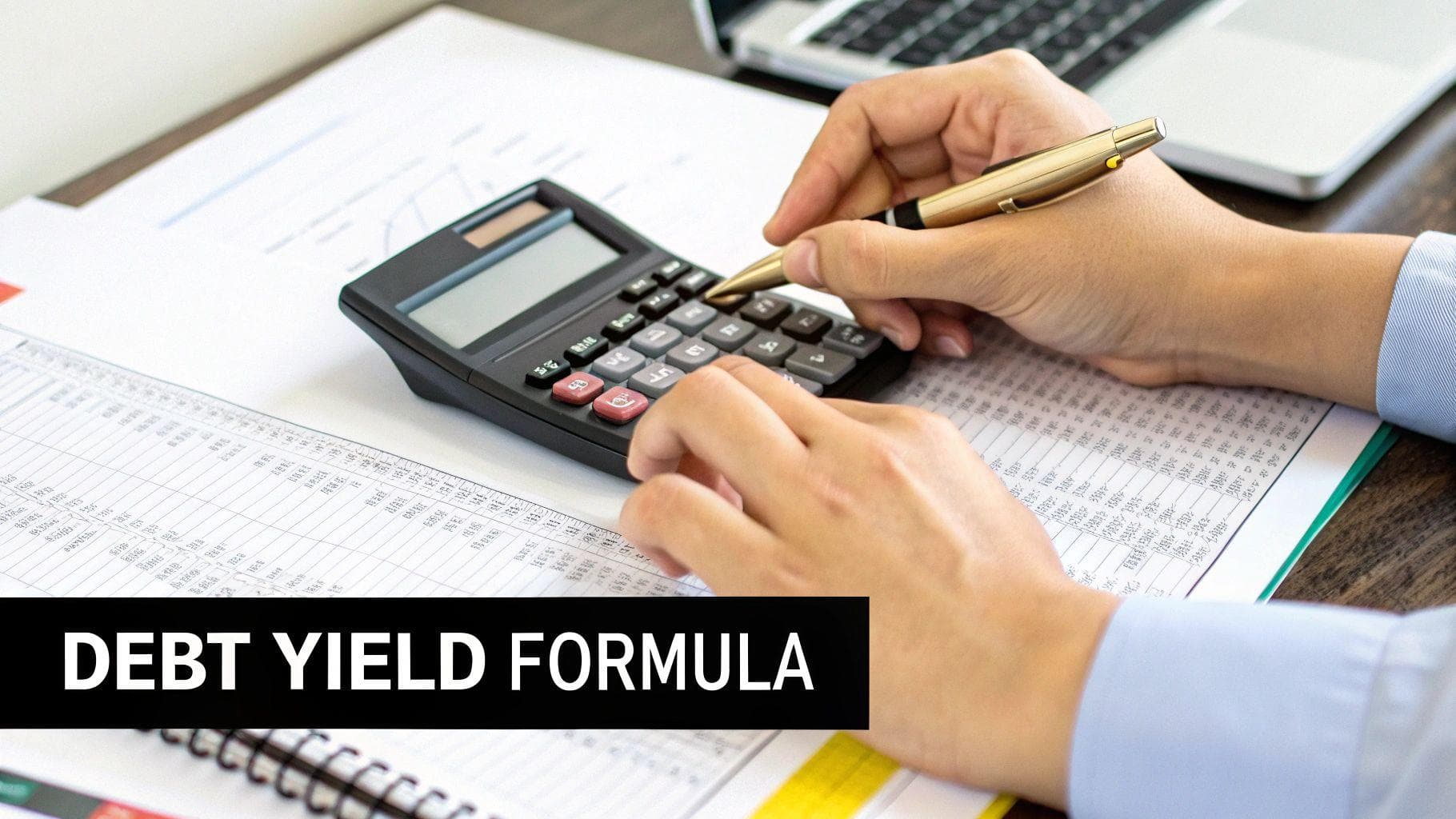 Hands using a calculator and pen on financial documents with 'Debt Yield Formula' overlay.