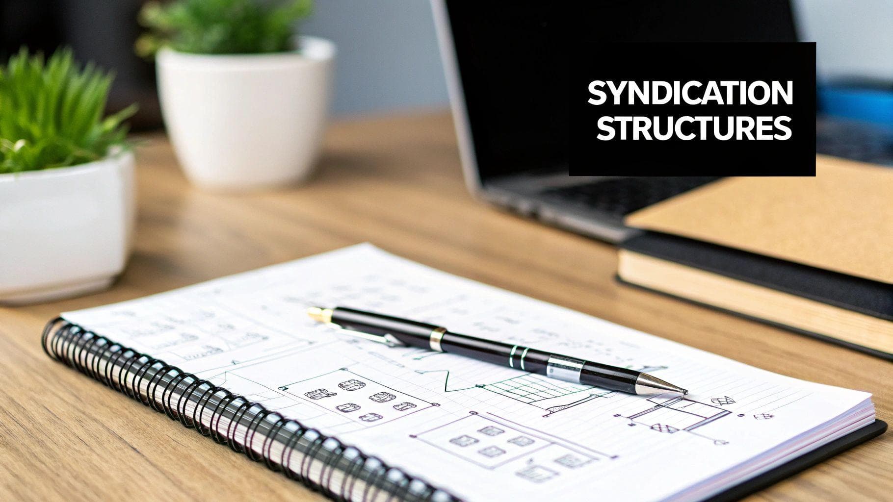 Overhead shot of a workspace with 'SYNDICATION STRUCTURES' text, notebook, pen, laptop, and plants.