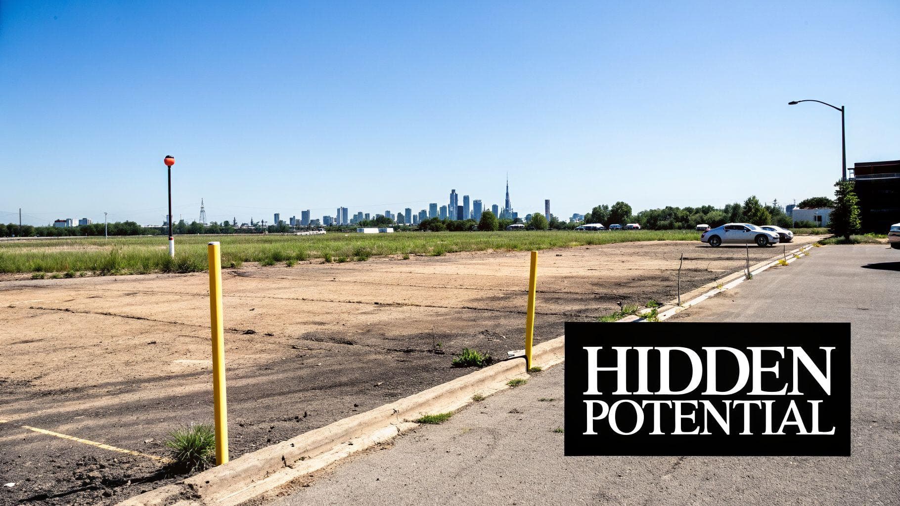 An empty urban plot of land with a distant city skyline under a clear blue sky, displaying 'HIDDEN POTENTIAL'.