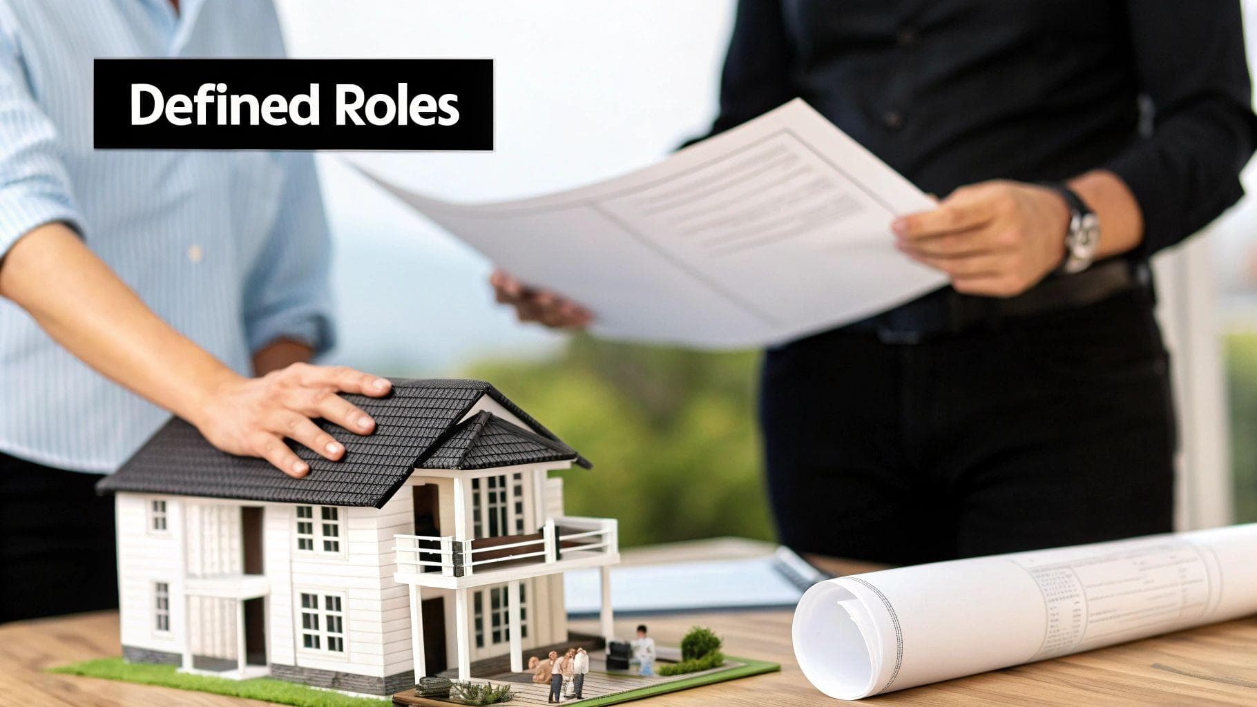 Two professionals shaking hands and reviewing documents for a partnership