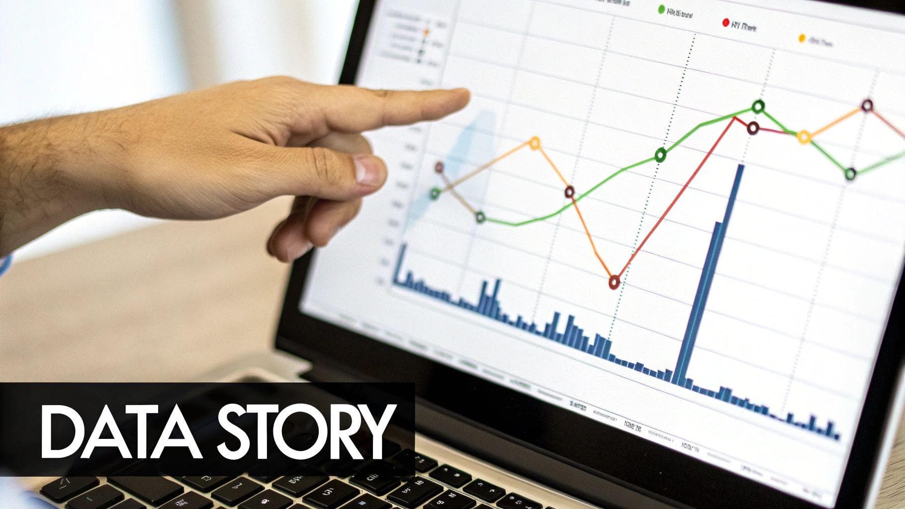 A person pointing at a graph on a screen, explaining its significance to a small group, symbolizing storytelling with data.