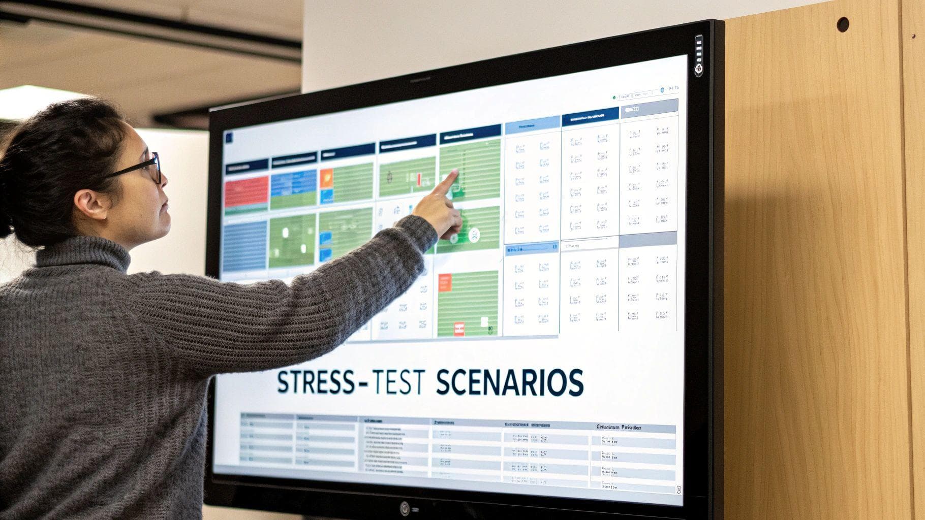 A person points at a large screen displaying financial stress-test scenarios and data analysis.