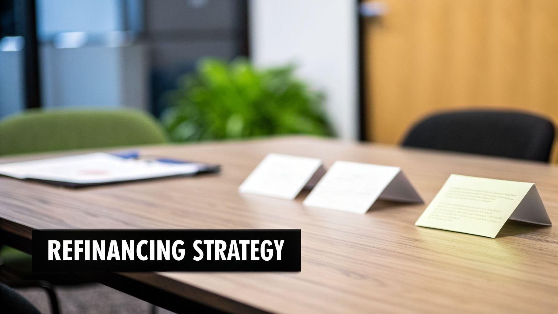A conference room table with documents and name cards, emphasizing a refinancing strategy meeting.